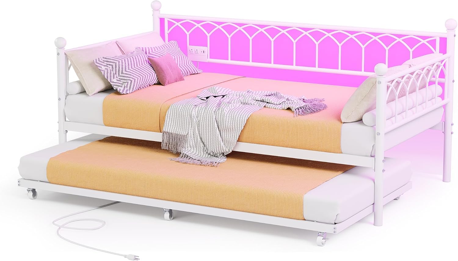 GAOMON Twin Size Daybed Frame with Trundle, Heavy Duty Metal Platform Sofa Bed Frame with Charging Station and LED Lights for Small Spaces, Living Room, Bedroom, Apartment - White