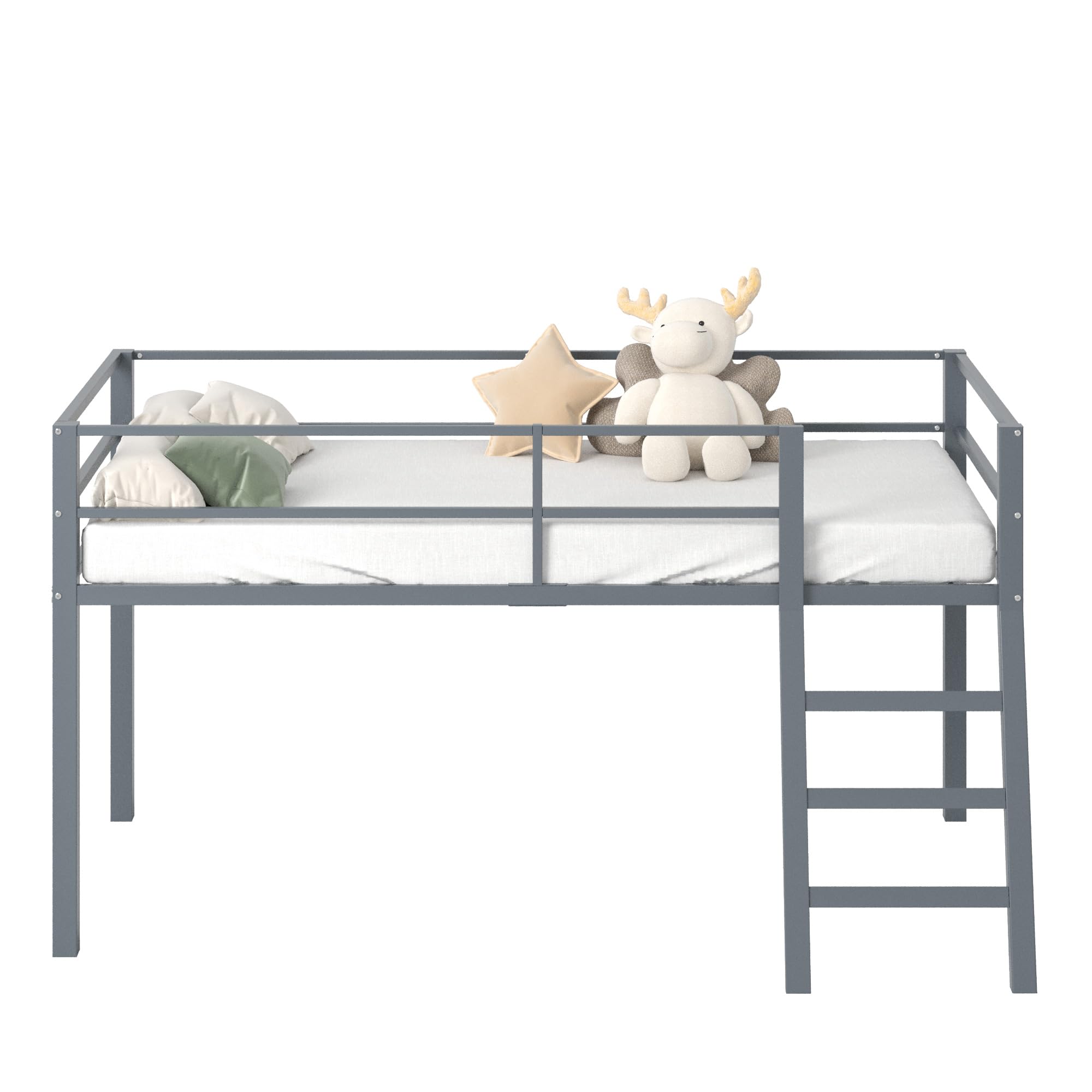 Low Metal Twin Loft Bed with Ladder and Guardrail for Kids or Teens