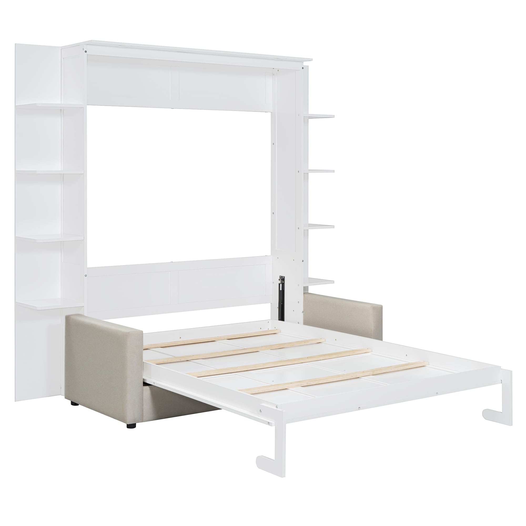 Queen Size Murphy Bed with Sofa, Wall Bed with Wood Slat Support