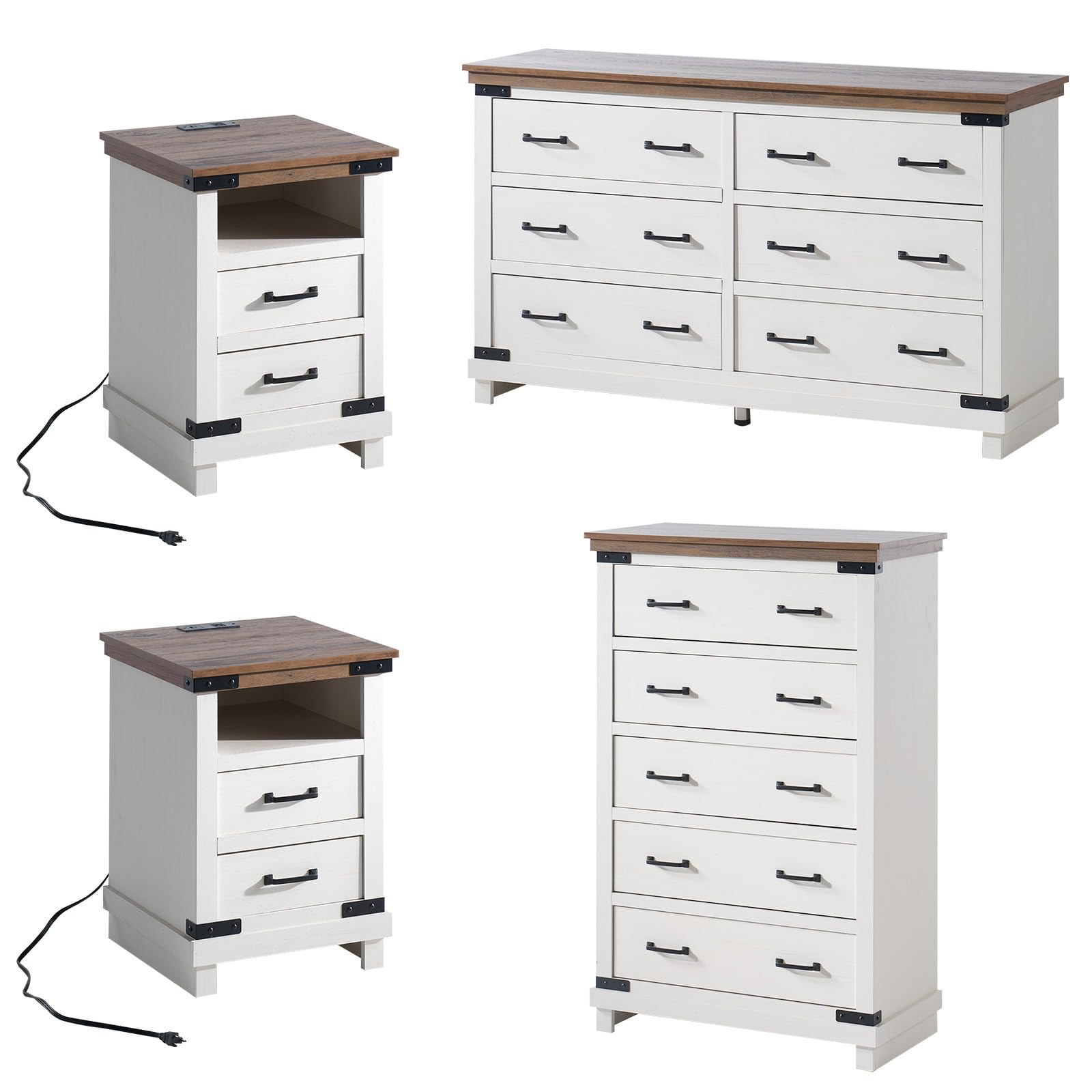 4 Pieces Farmhouse Bedroom Set, Includes 6 Drawer Large Dresser Chest