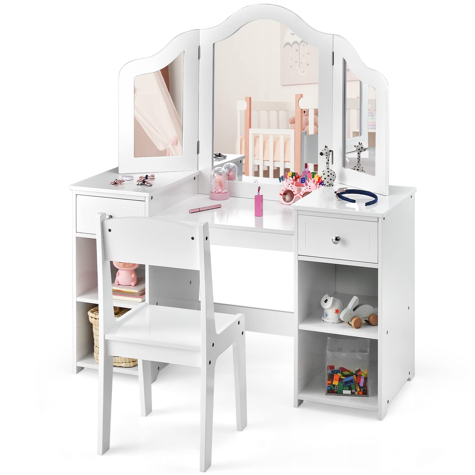 Kids Vanity, 2 in 1 Princess Makeup Desk and Chair Set with Drawers