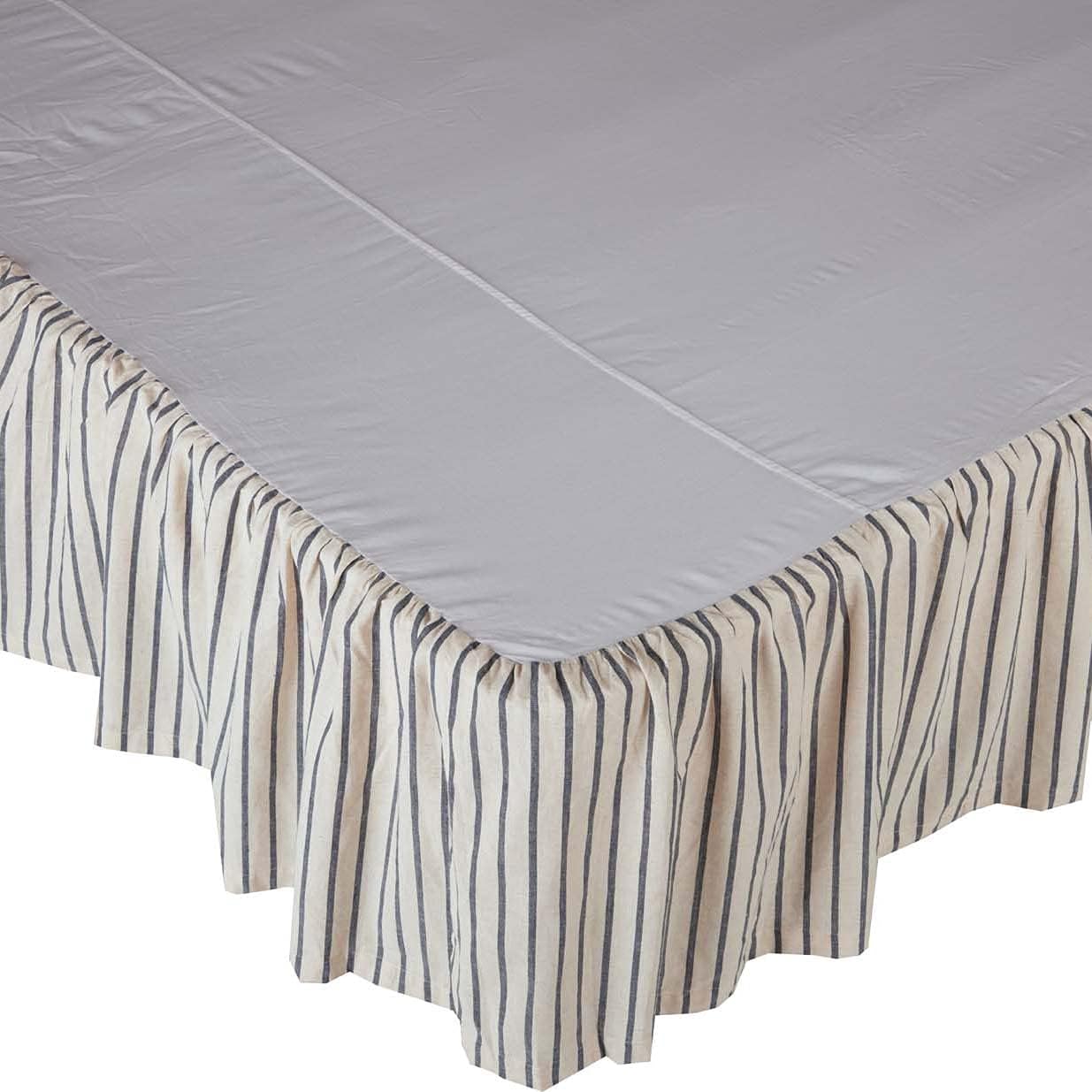 Vintage Country Farmhouse Kaila Gathered Blue Stripe King Bed Skirt 78x80x16