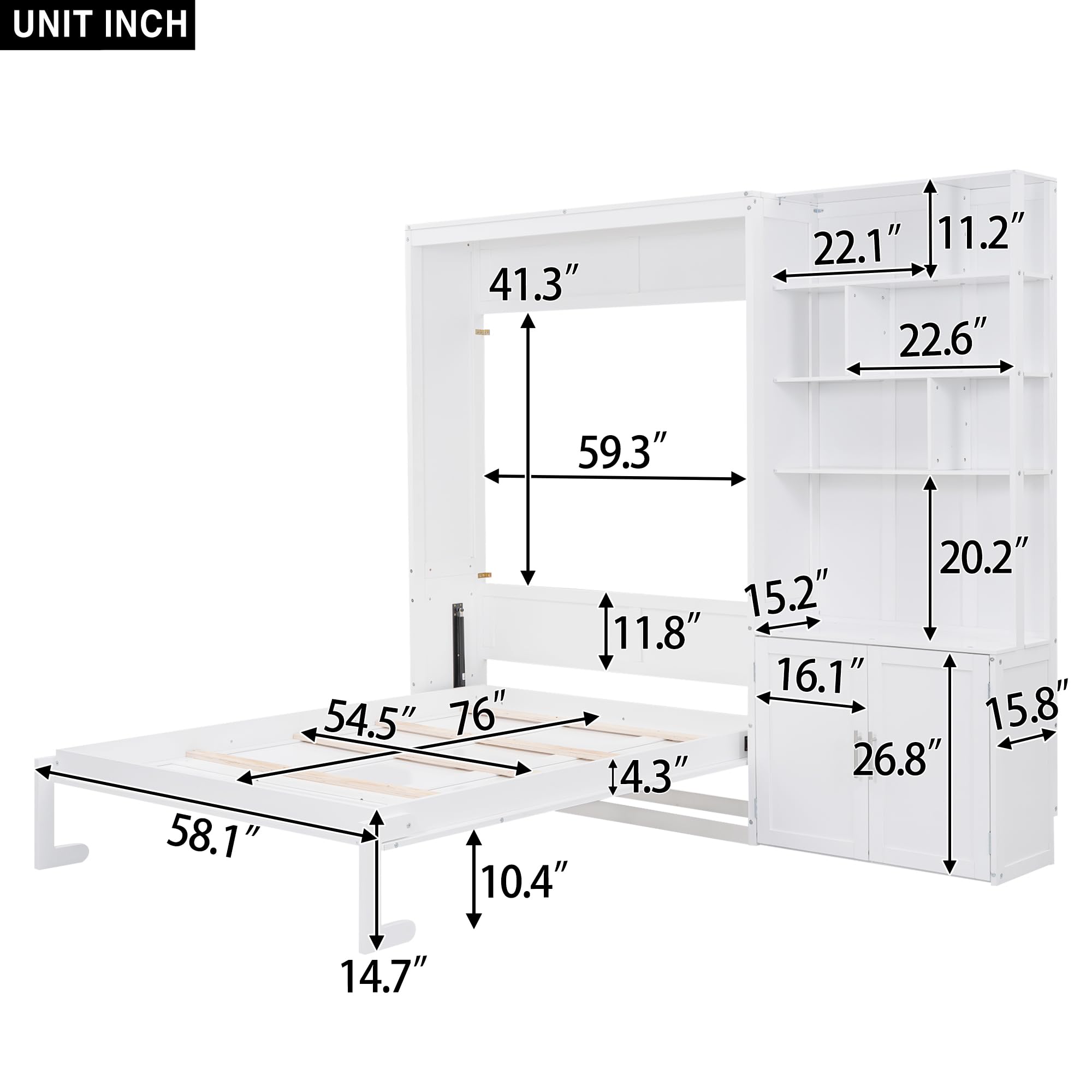 Size Murphy Bed, White Wood Wall Bed Cabinet with Multiple Storage Shelves