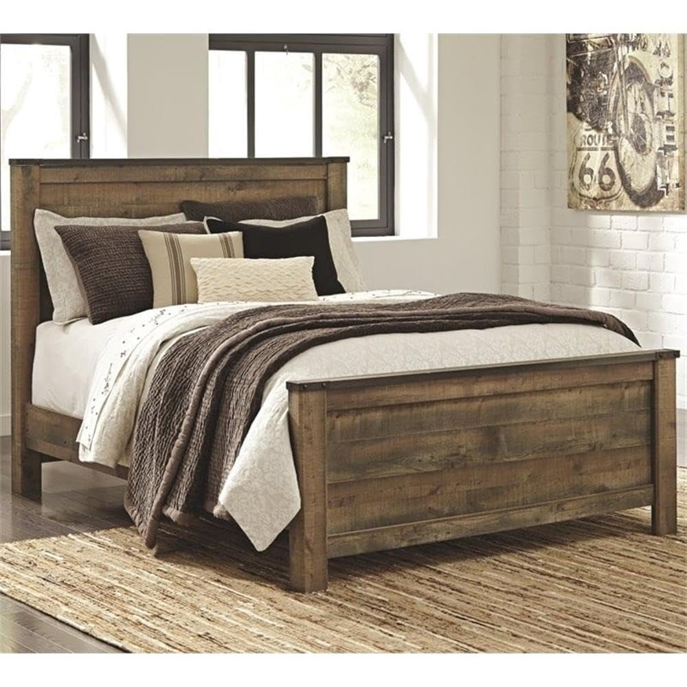 Queen Size Panel Bed with Headboard, Footboard, Platform, Steel Slats in Wood