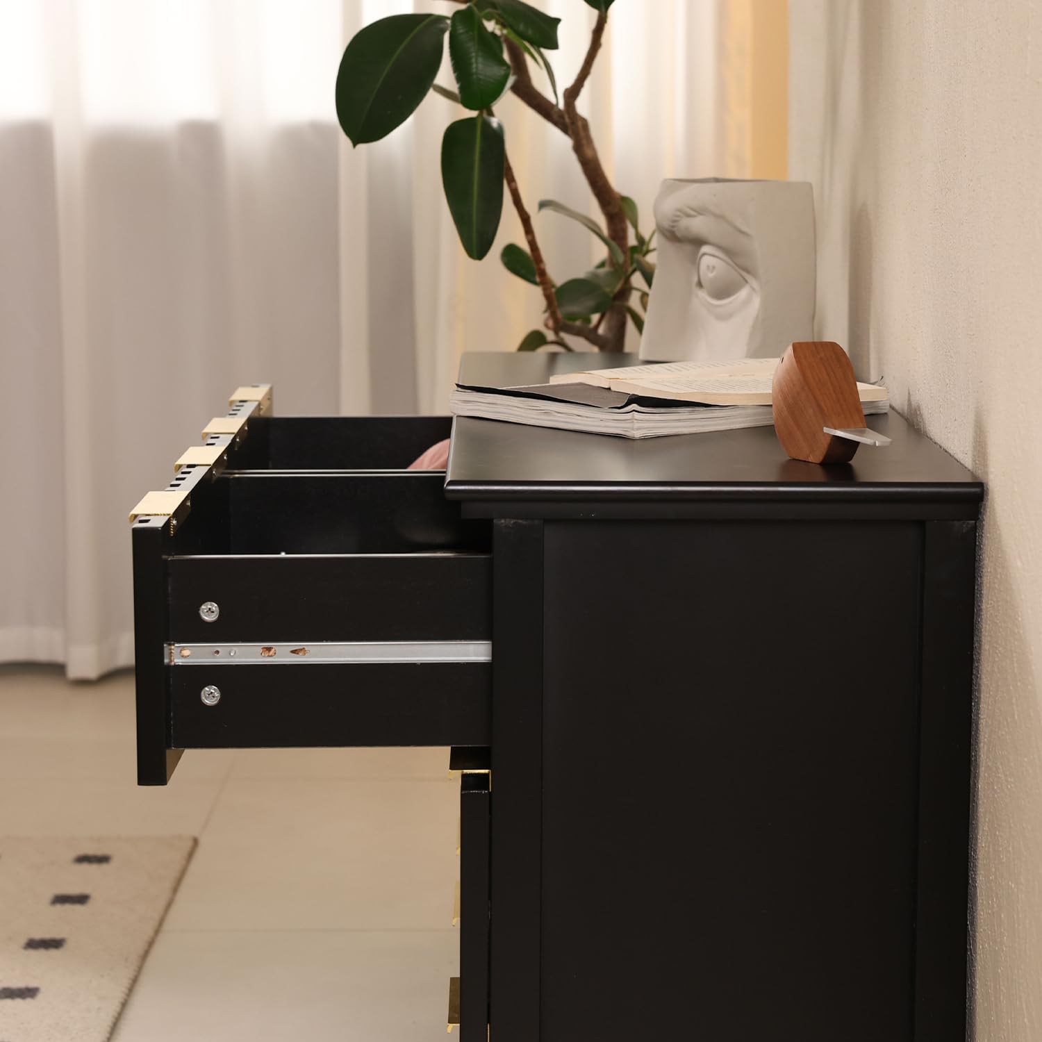 6 Drawer Dresser for Bedroom Black Fluted Wooden Dresser Tall Chest of Drawers