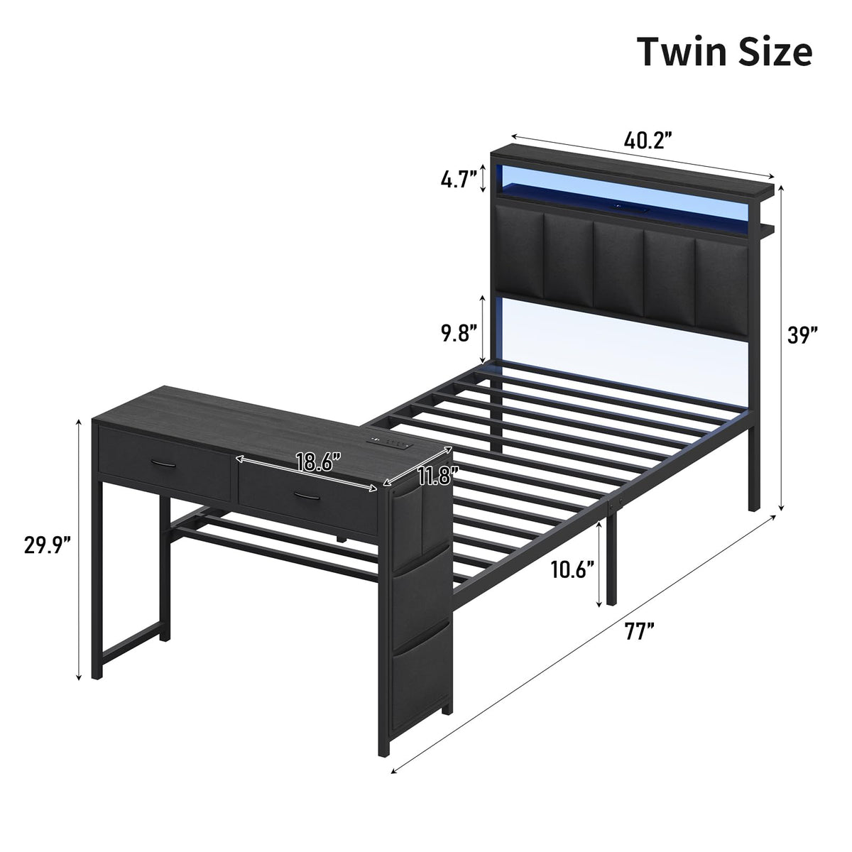 Bed Frame with Storage Headboard, LED Lights & Charging Station