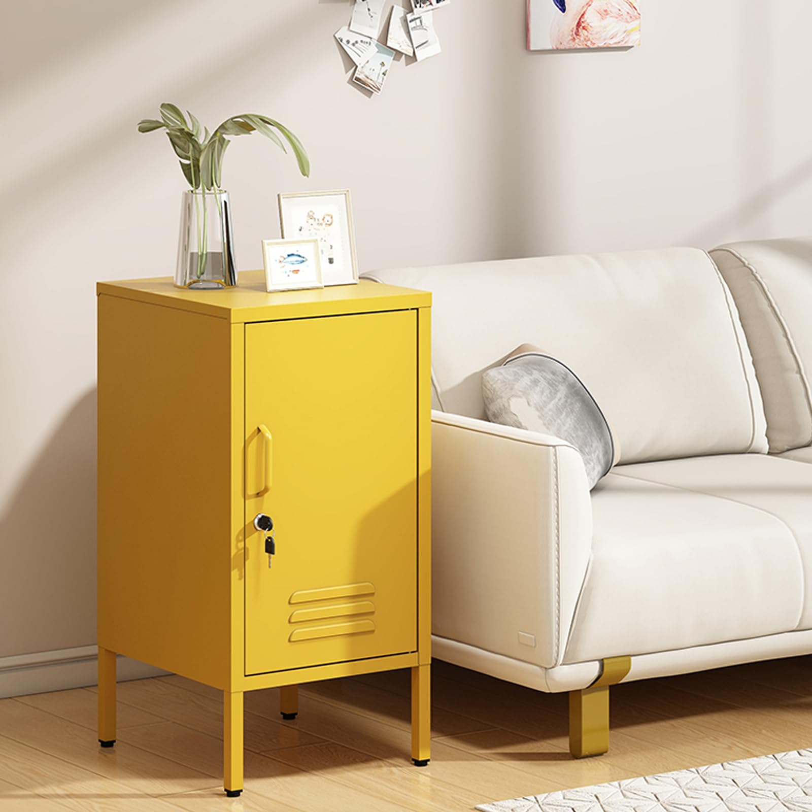 Metal Locker End Table, Single Door Metal Nightstand with 2 Adjustable Shelf