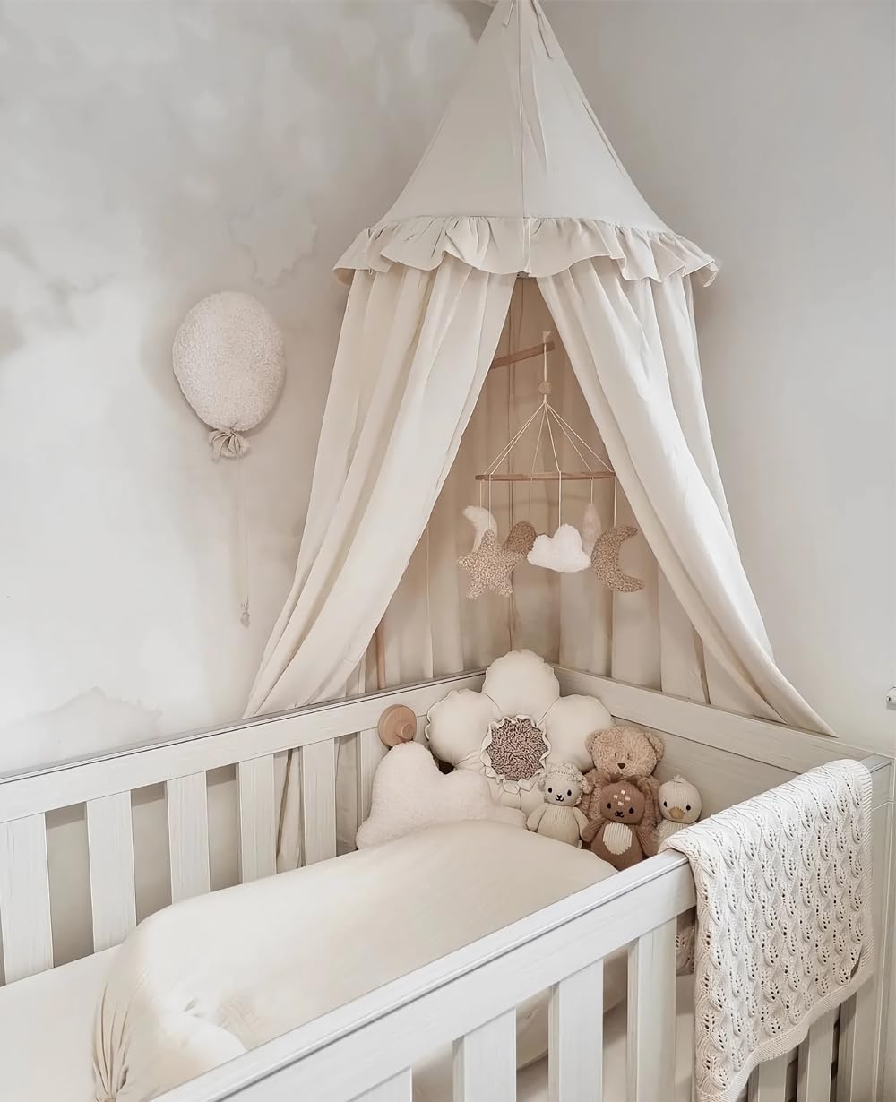 Kids Bed Canopy with Ruffles, Pastel Neutral Color for Boys & Girls