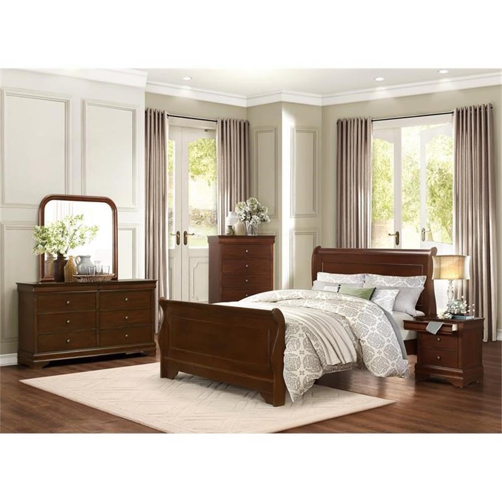 Queen Size Sleigh Bed with Footboard in Wood, in Cherry, Easy Assembly