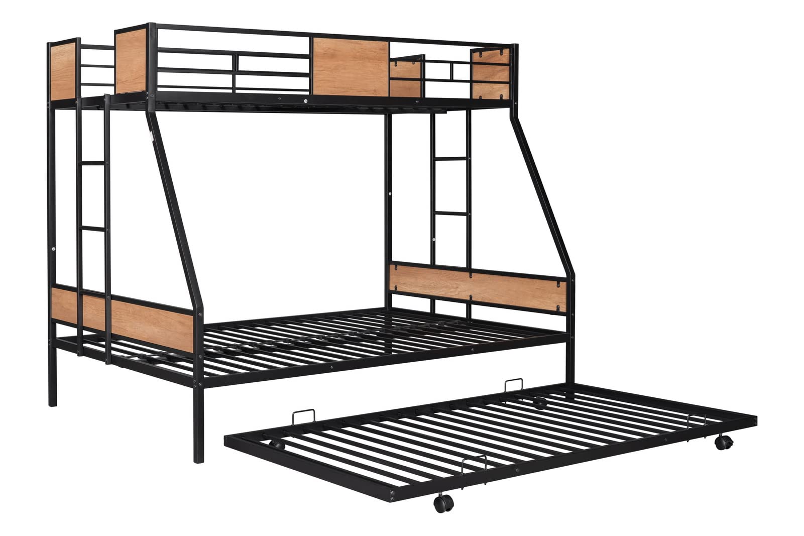 Twin Over Full Bunk Bed with Trundle, Metal Bunk Bed Frame with Safety