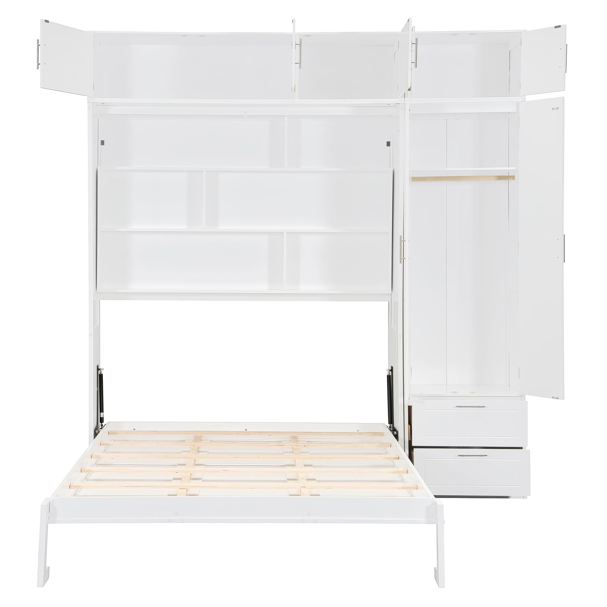 Queen Size Murphy Bed with Top Cabinet, Shelves and Wardrobe