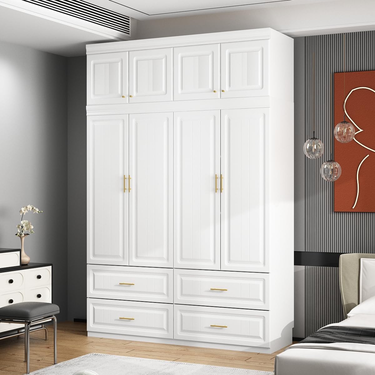 4 Door Wardrobe Closet with Drawers & Shelves, Armoire Closet
