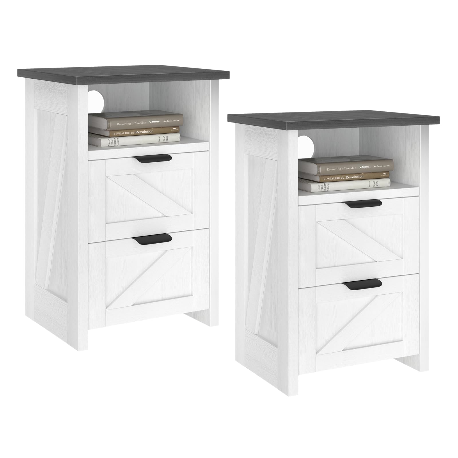 Farmhouse Night Stand Set of 2, Bed Side Table with 2 Drawers and Storage Shelf