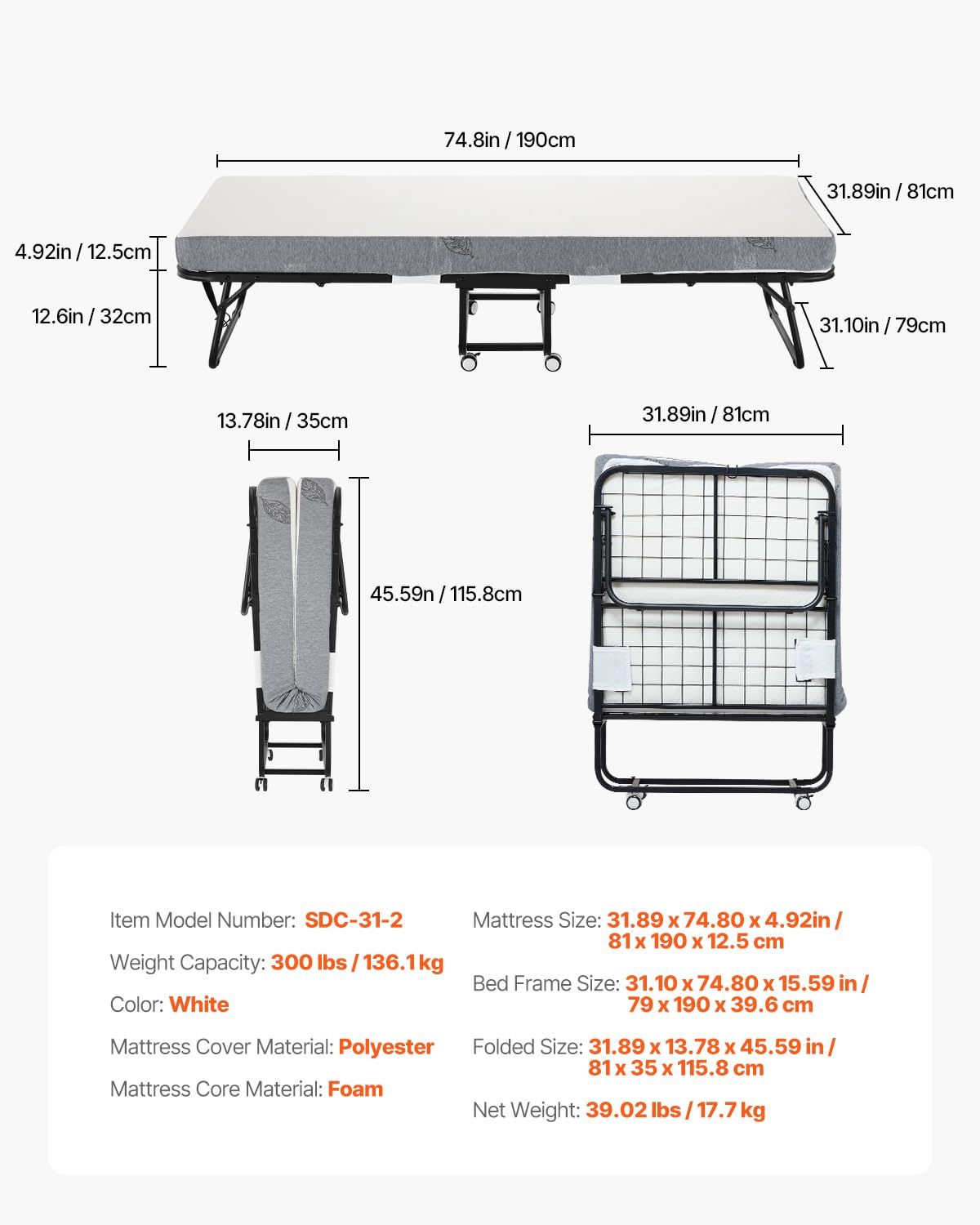 x 75 in Folding Bed with 5 in Mattress, Twin Size, Grey, for Adults, Guest