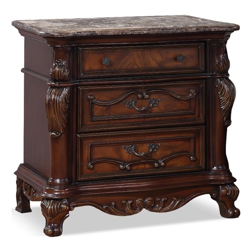 Agatha Traditional Solid Wood Nightstand with Drawers and Stone Top