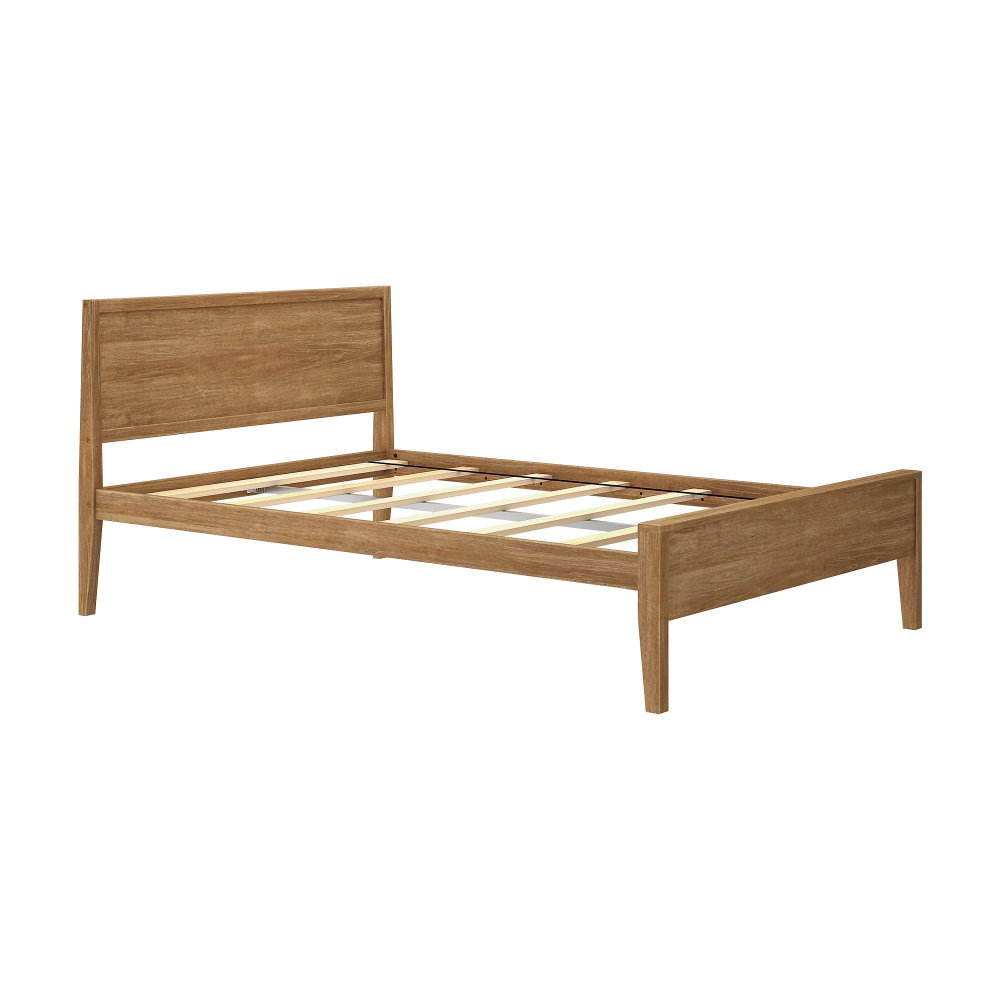 Solid Wood Full Bed Frame with Panel Headboard, Modern Full Platform Bed