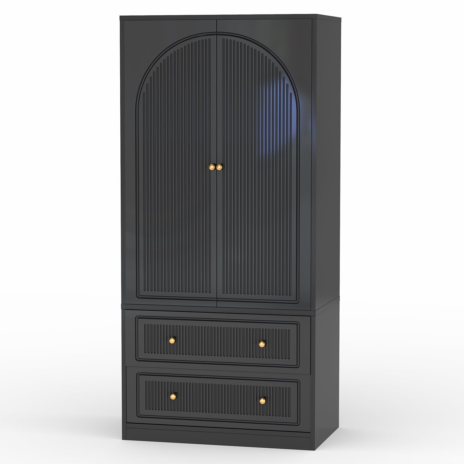 Wardrobe Closet with 2 Door & 2 Drawers, 71" Black Bedroom Wooden Armoire