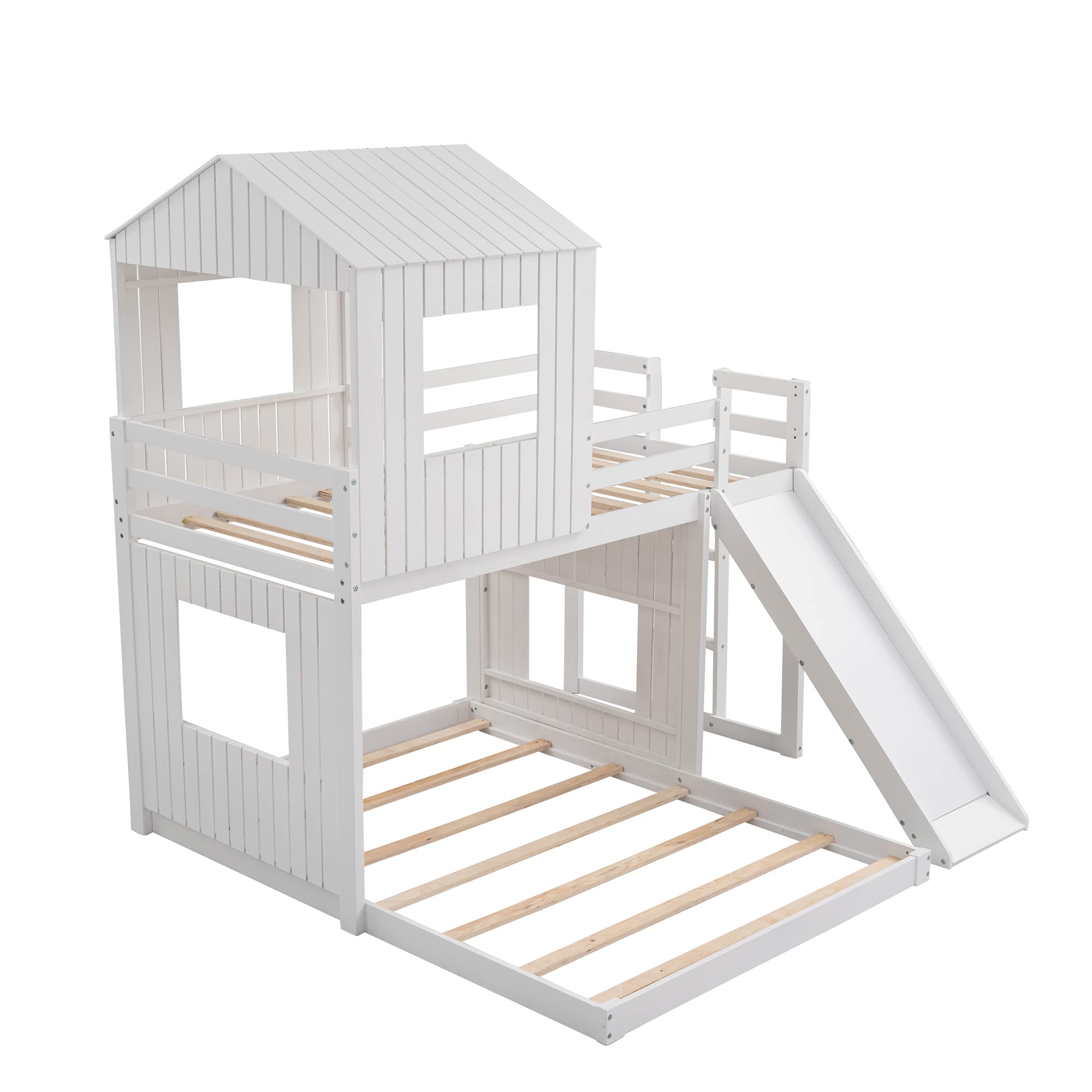 Designs House Floor Bunk Beds with Slide, Wooden Twin Over Full Bunk