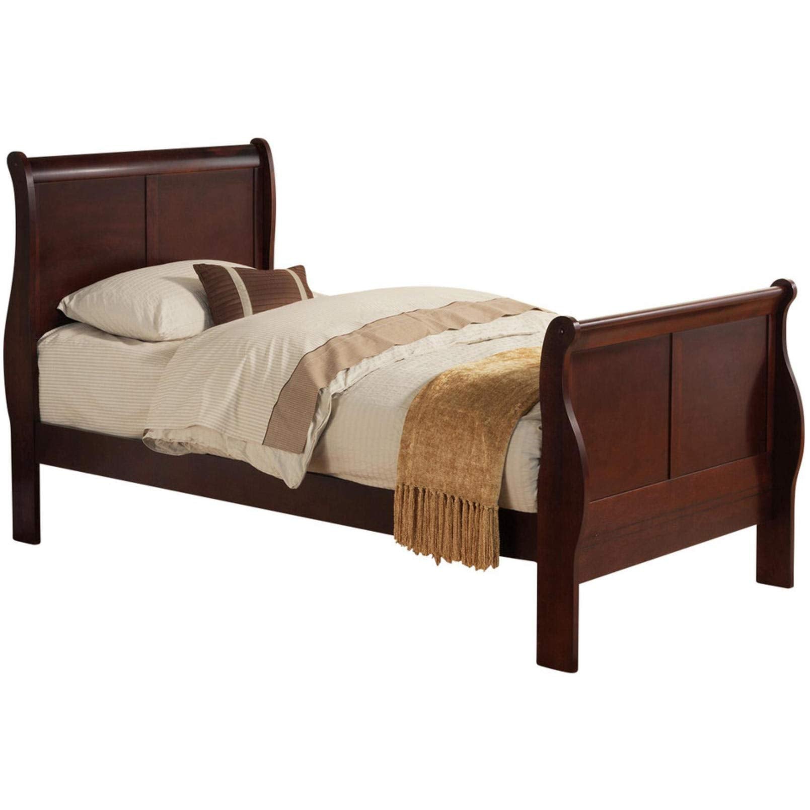 Transitional Panel Design Sleigh Twin Size Bed, Cherry Brown