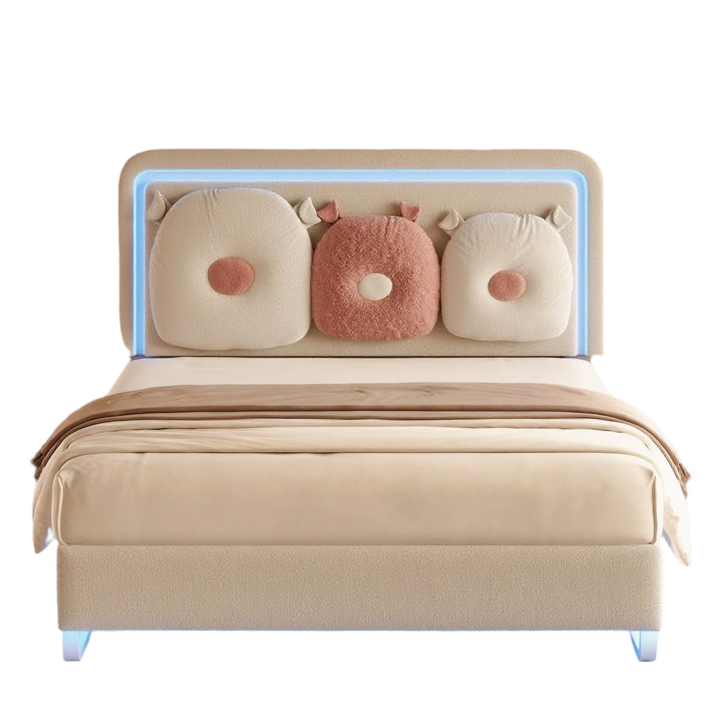 Frame with Boucle Upholstered Headboard, Girls Bed, Solid Wood Slats Support