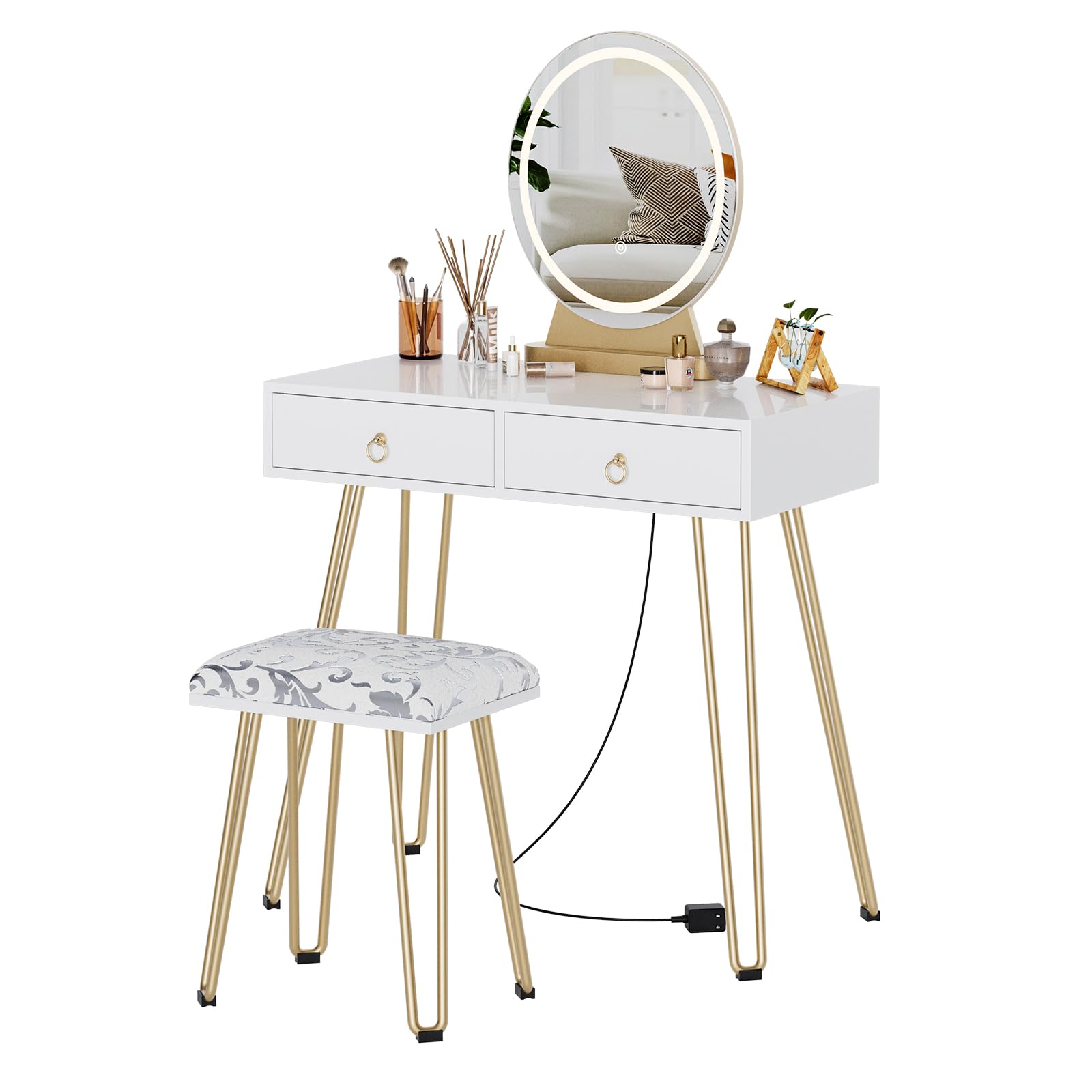 White Vanity Desk with Stool, Small Makeup Vanity Table with 3 Lighting