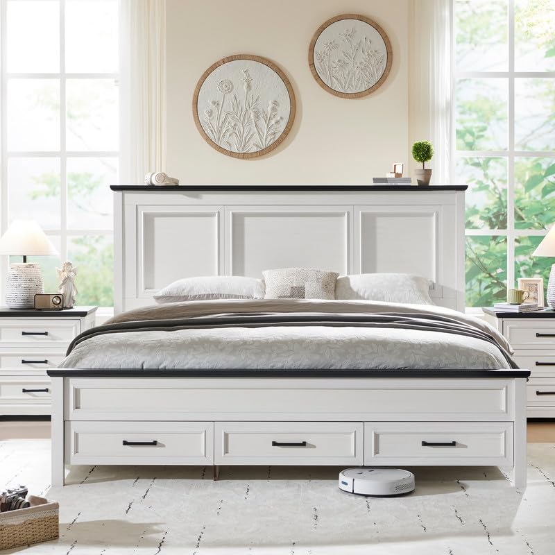 Farmhouse King Size Bed Frame with 52" Tall Full-Panel Headboard, Wood