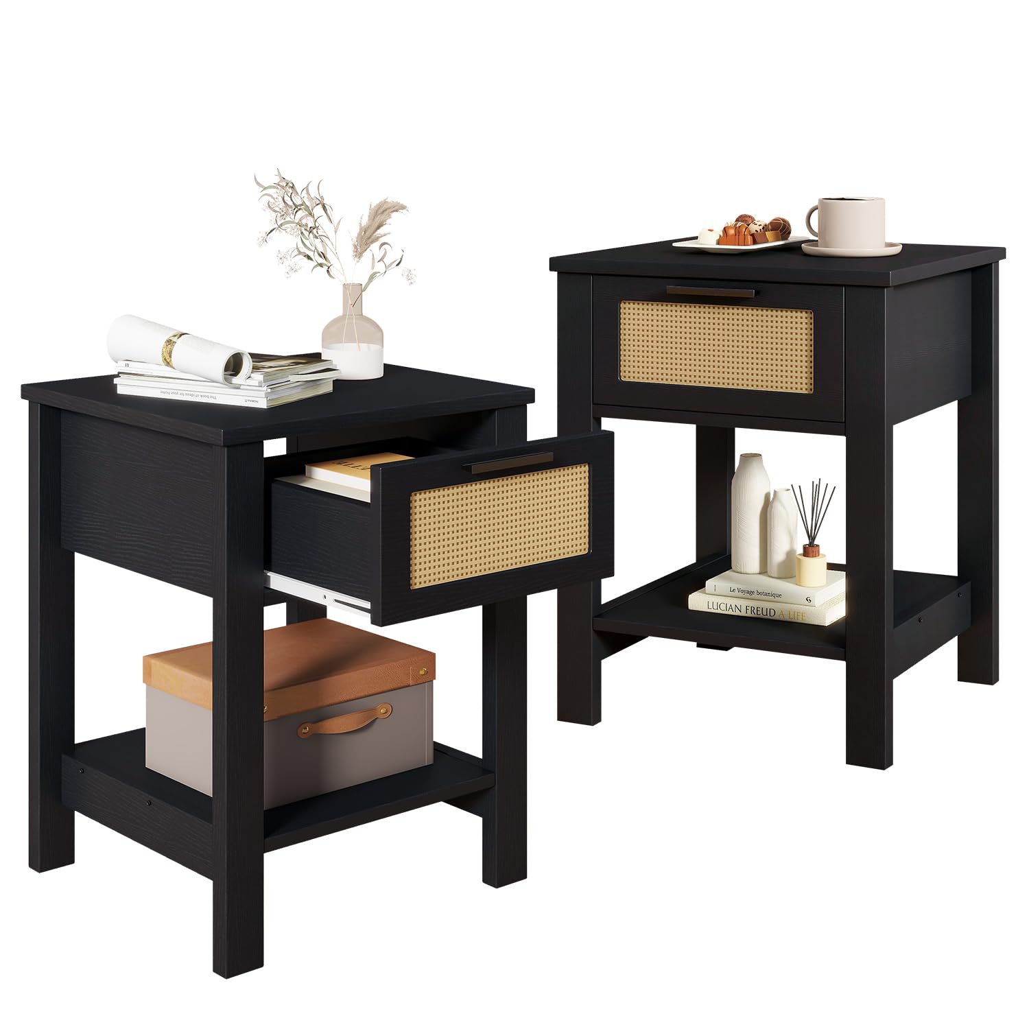 Rattan Nightstand Set of 2, Boho Night Stand with Drawer
