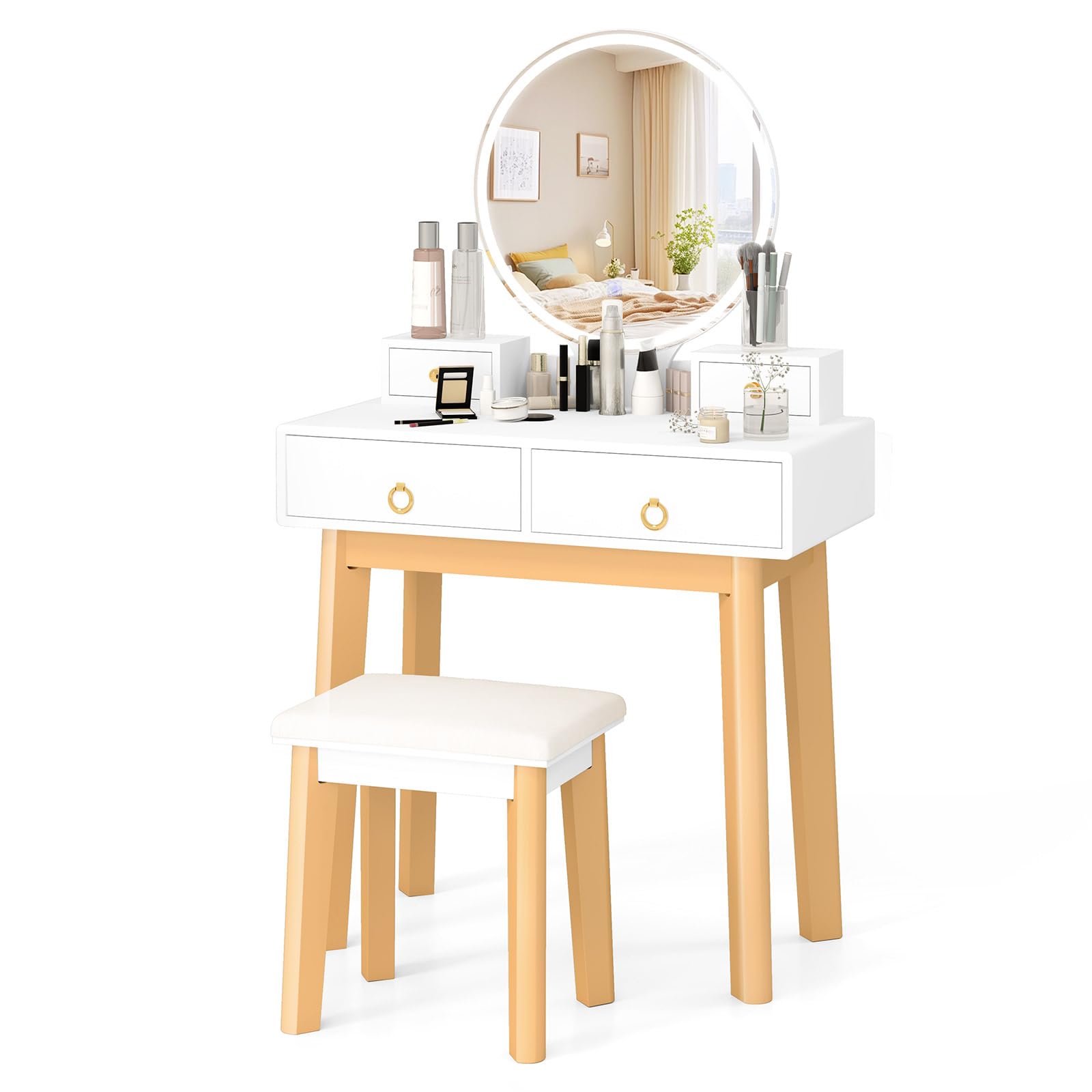 Set with Lighted Mirror, Dressing Table with 3-Color LED Lights, Adjustable Brightness