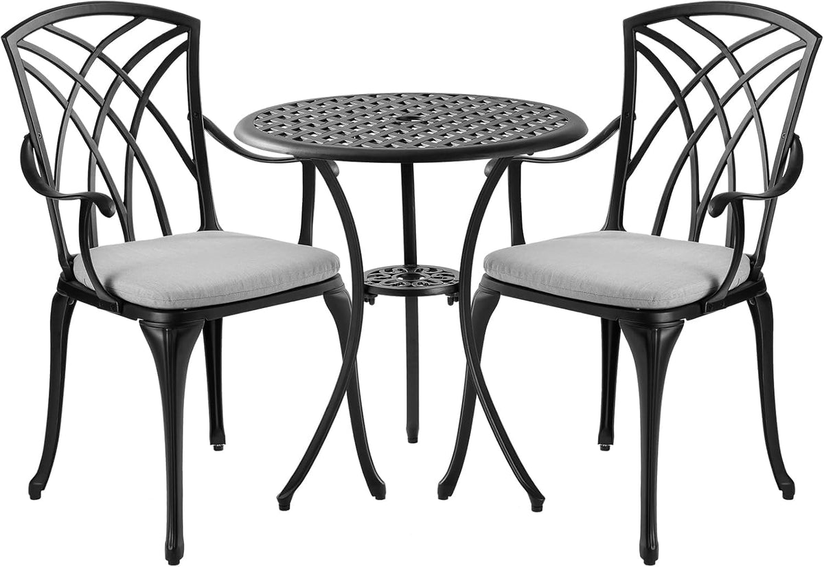 3-Piece Cast Aluminum Patio Bistro Set with Cushions & Umbrella Hole