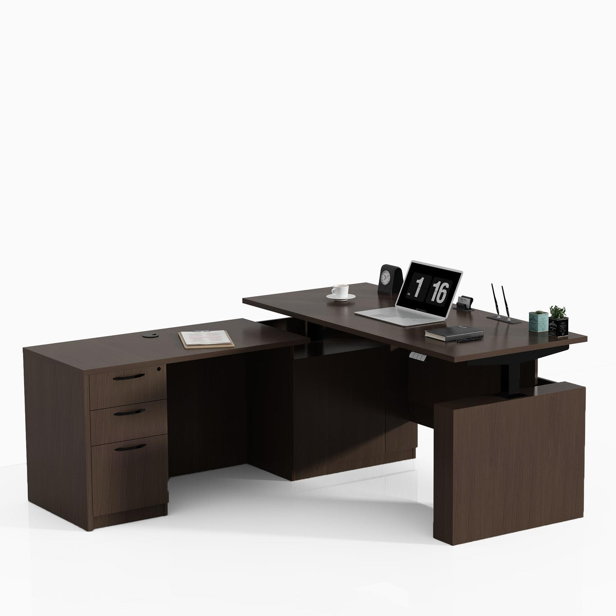 L-Shaped Electric Standing Desk with Drawers & Lockable Cabinet