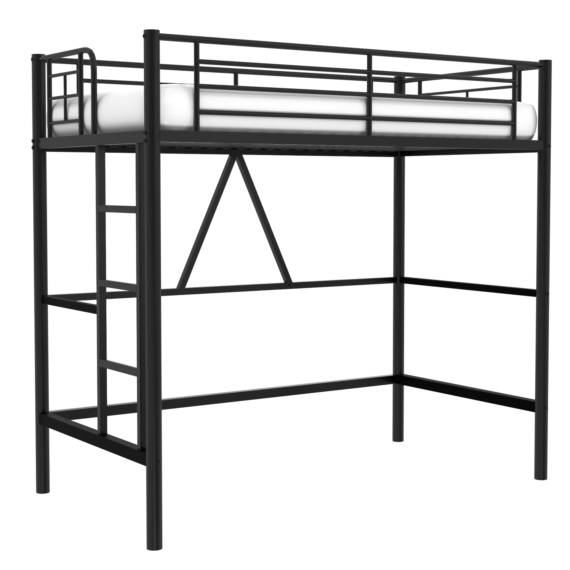 Loft Bed Twin Size, Metal Bedframe with Removable Ladder and Safety Guardrail