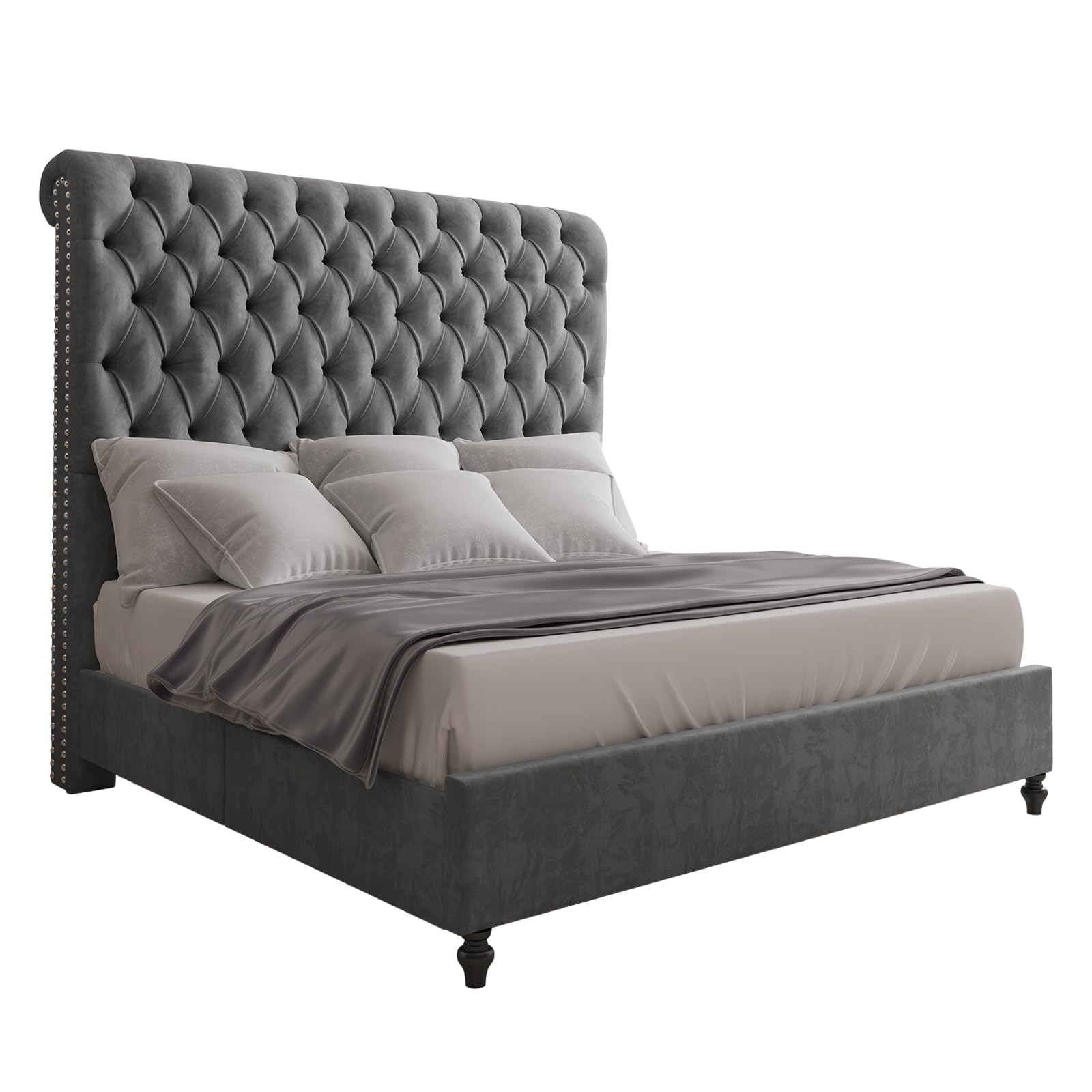 60" Tall King Size Bed Frame with Sleigh Headboard Velvet Upholstered Platform Bed