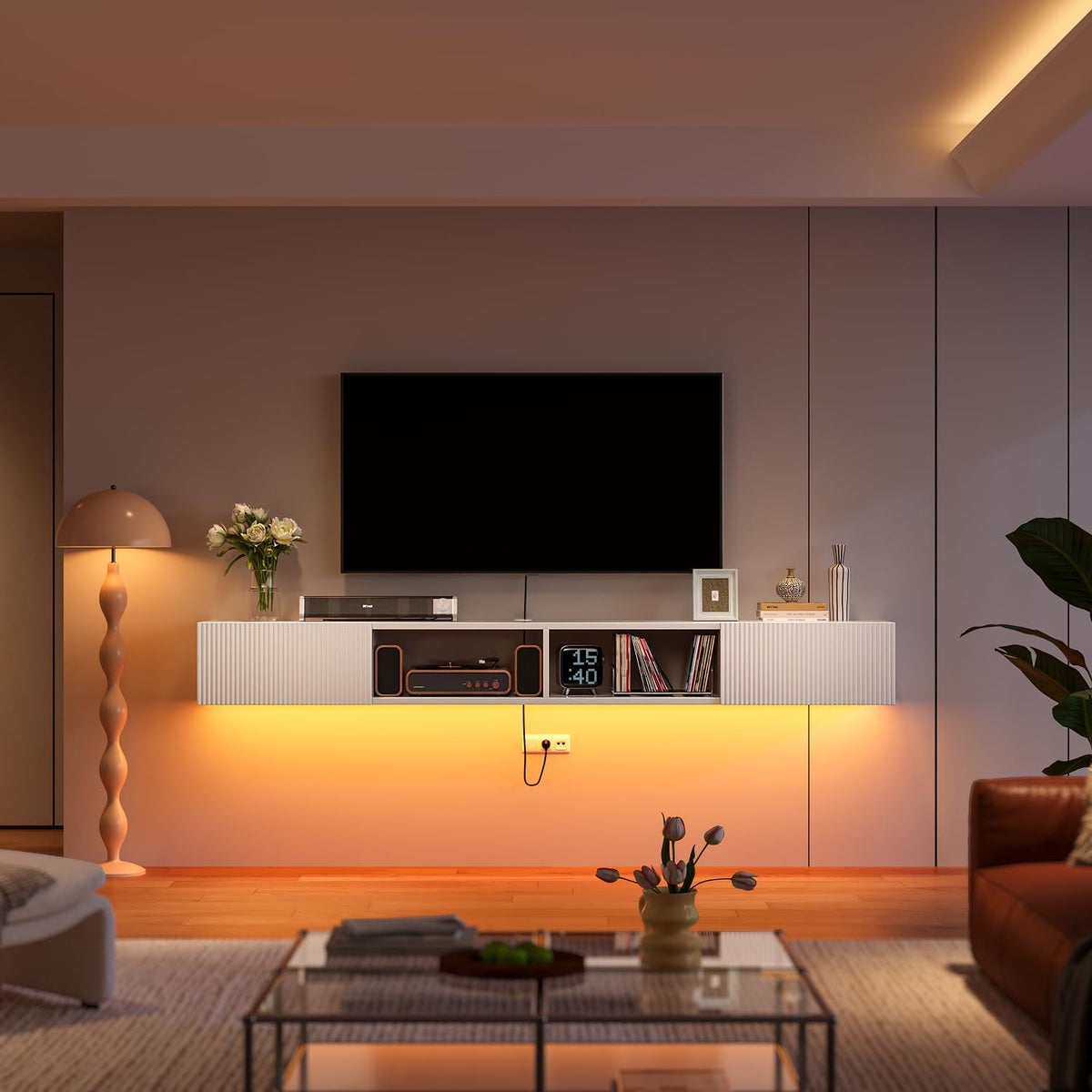 Floating TV Stand with Fluted Doors – White