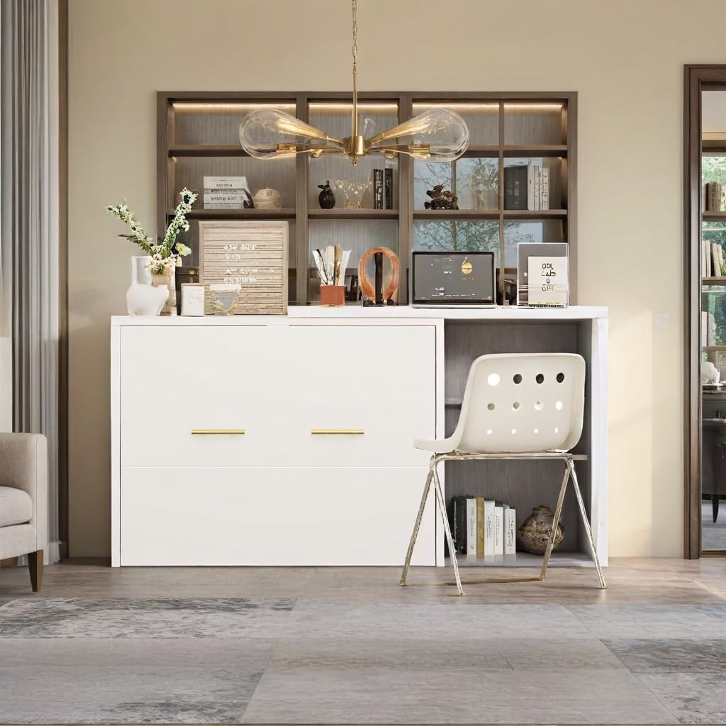 Twin Size Murphy Bed Cabinet Horizontal with Adjustable Position Desk Murphy Chest