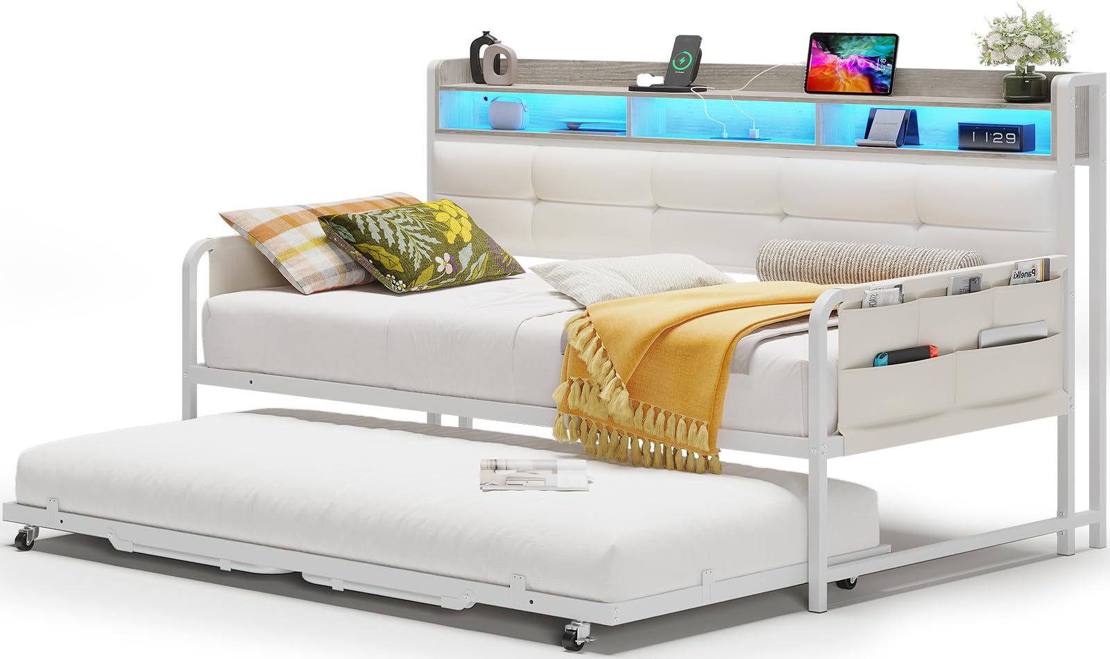 Daybed with Trundle, Twin Day Bed with Upholstered Headboard
