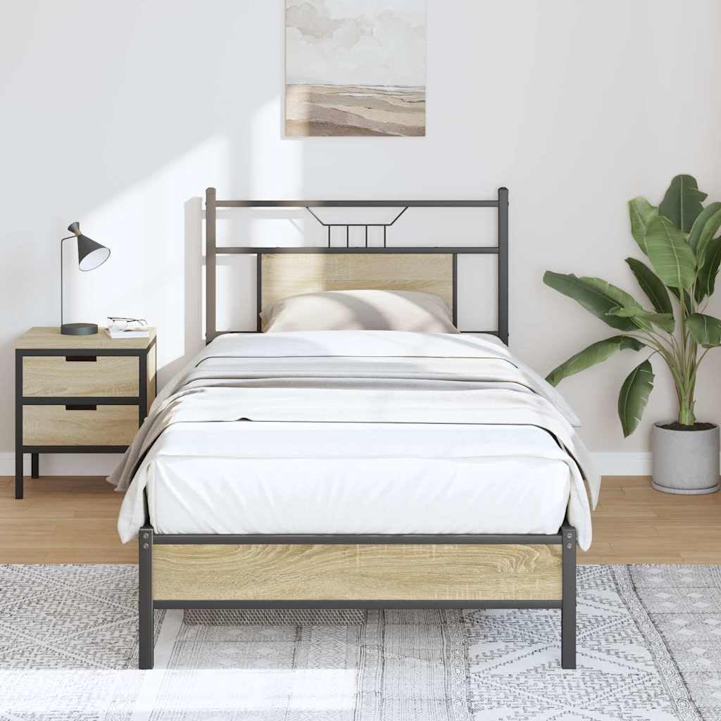 Sonoma Oak Twin Bed Frame with Headboard Engineered Wood Construction Slatted