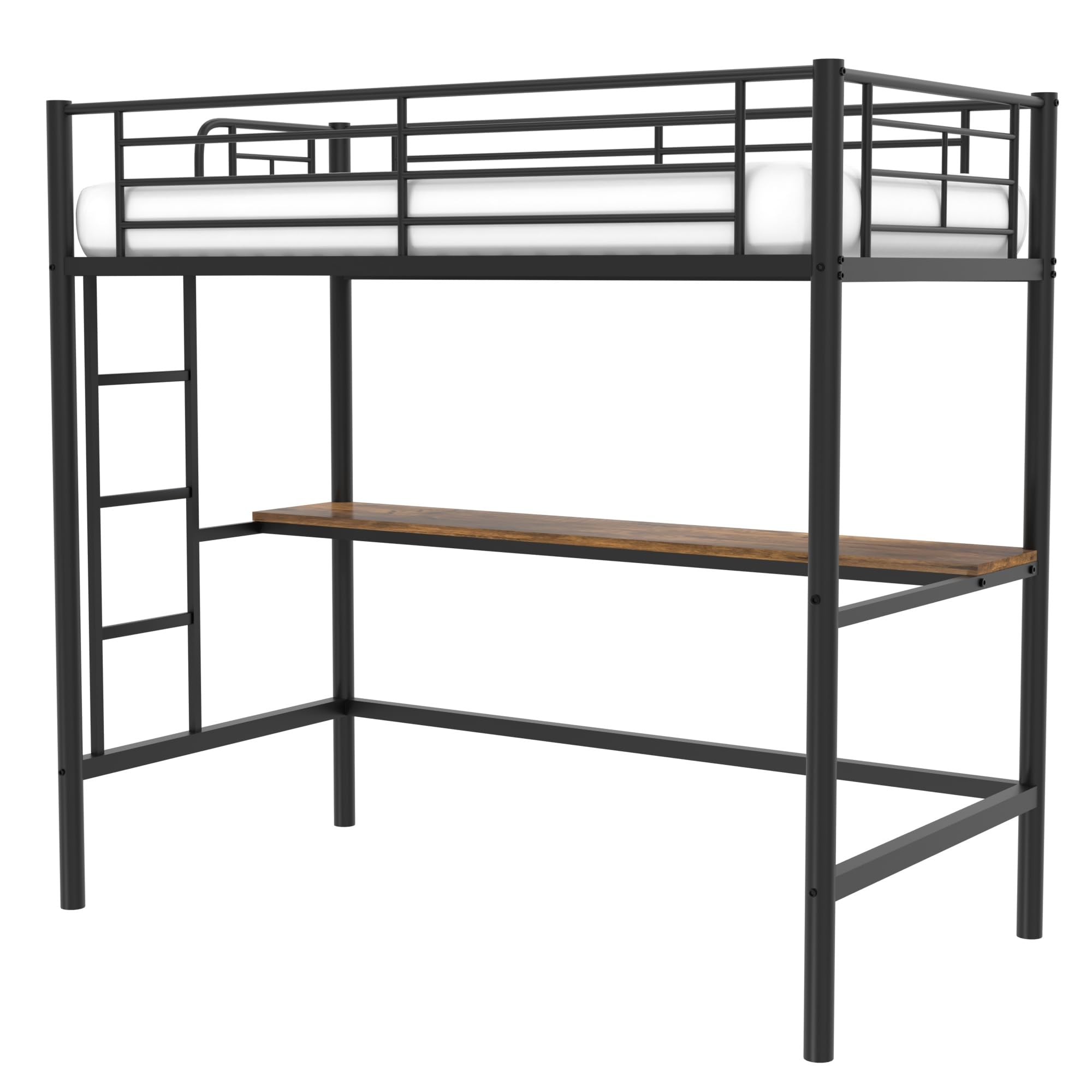 Loft Bed Twin Size with Desk, Metal Bedframe with Removable Ladder and Safety Guardrail