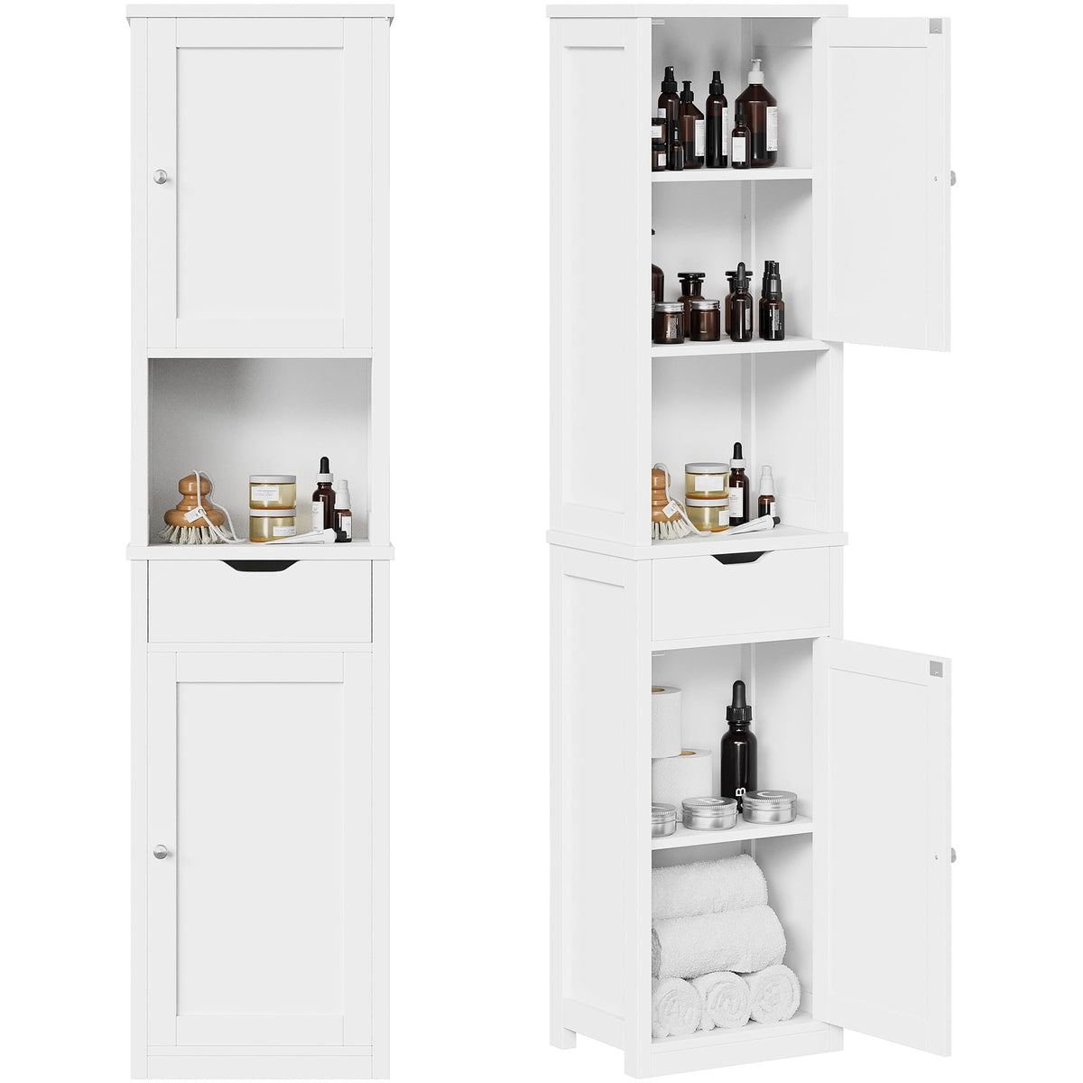 Tall Bathroom Storage Cabinet with Doors, Drawer & Adjustable Shelves