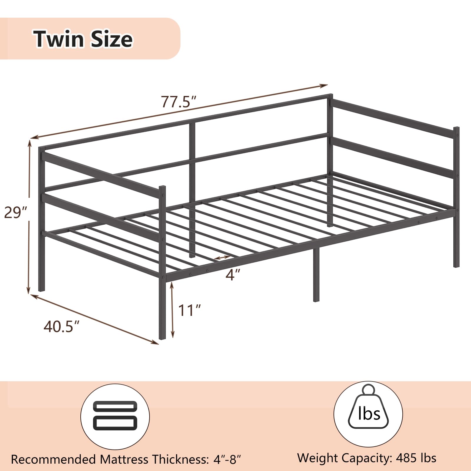 KOMFOTT Metal Daybed Frame Twin Size, Heavy-Duty Steel Slats Support Sofa Bed, Platform Mattress Foundation, Multifunctional Platform Bed Frame, Day Bed for Living Room & Guest Room