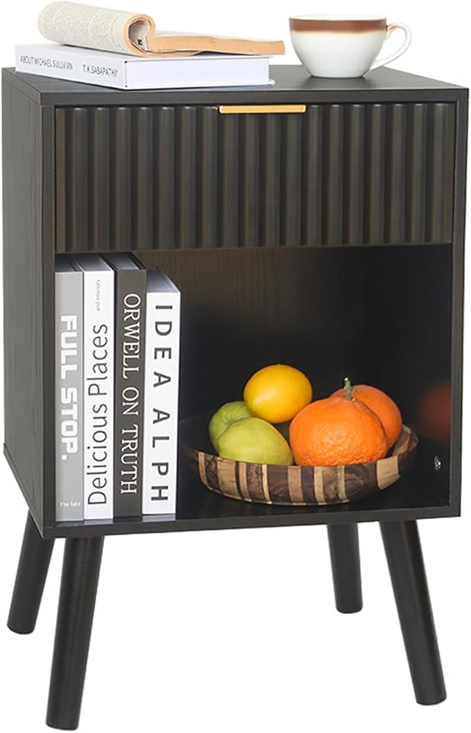 Wood Nightstand with Charging Station, Bedside Table with Fluted Drawers and Outlet