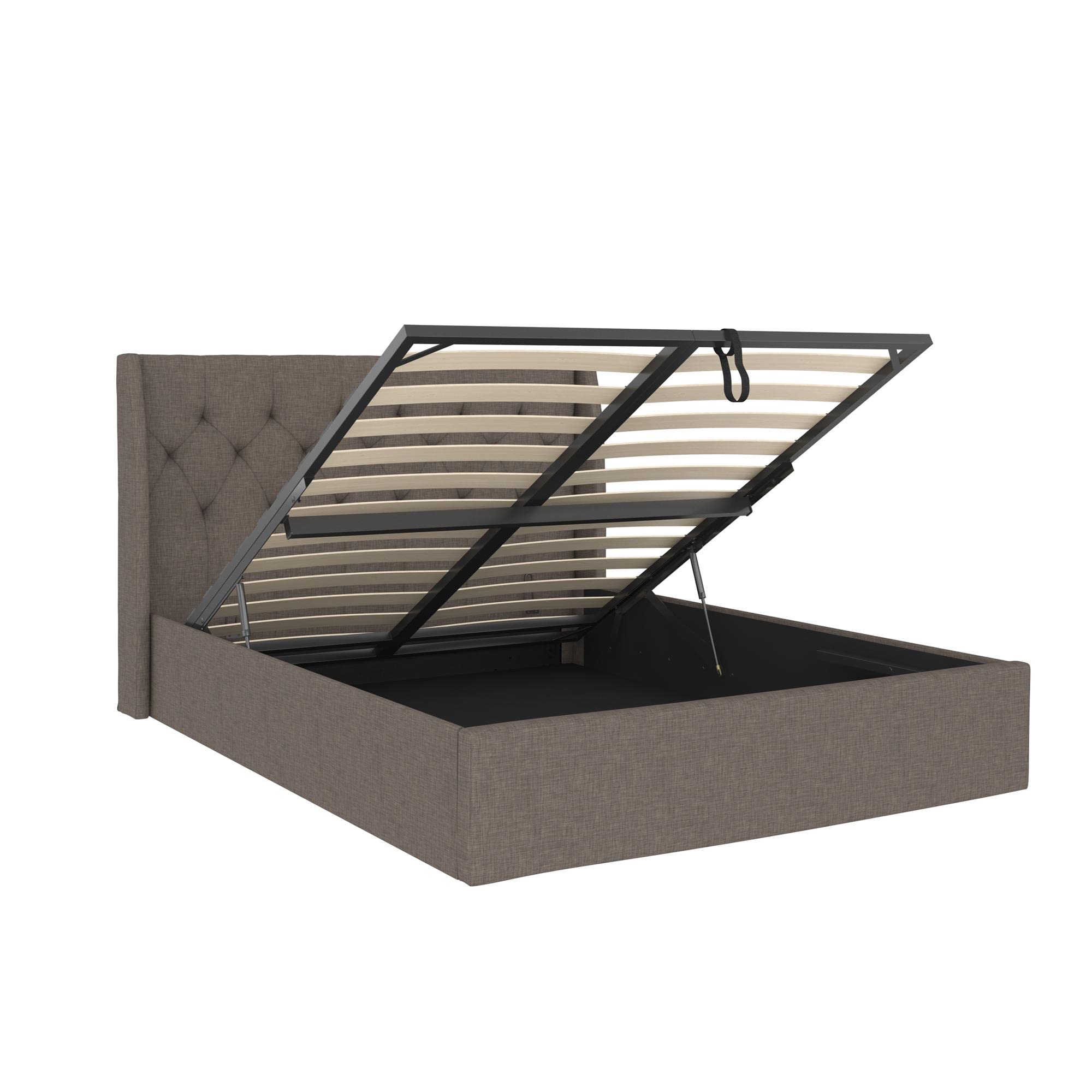 Her Majesty Lift Up Storage Bed Frame, Queen, Light Gray Linen