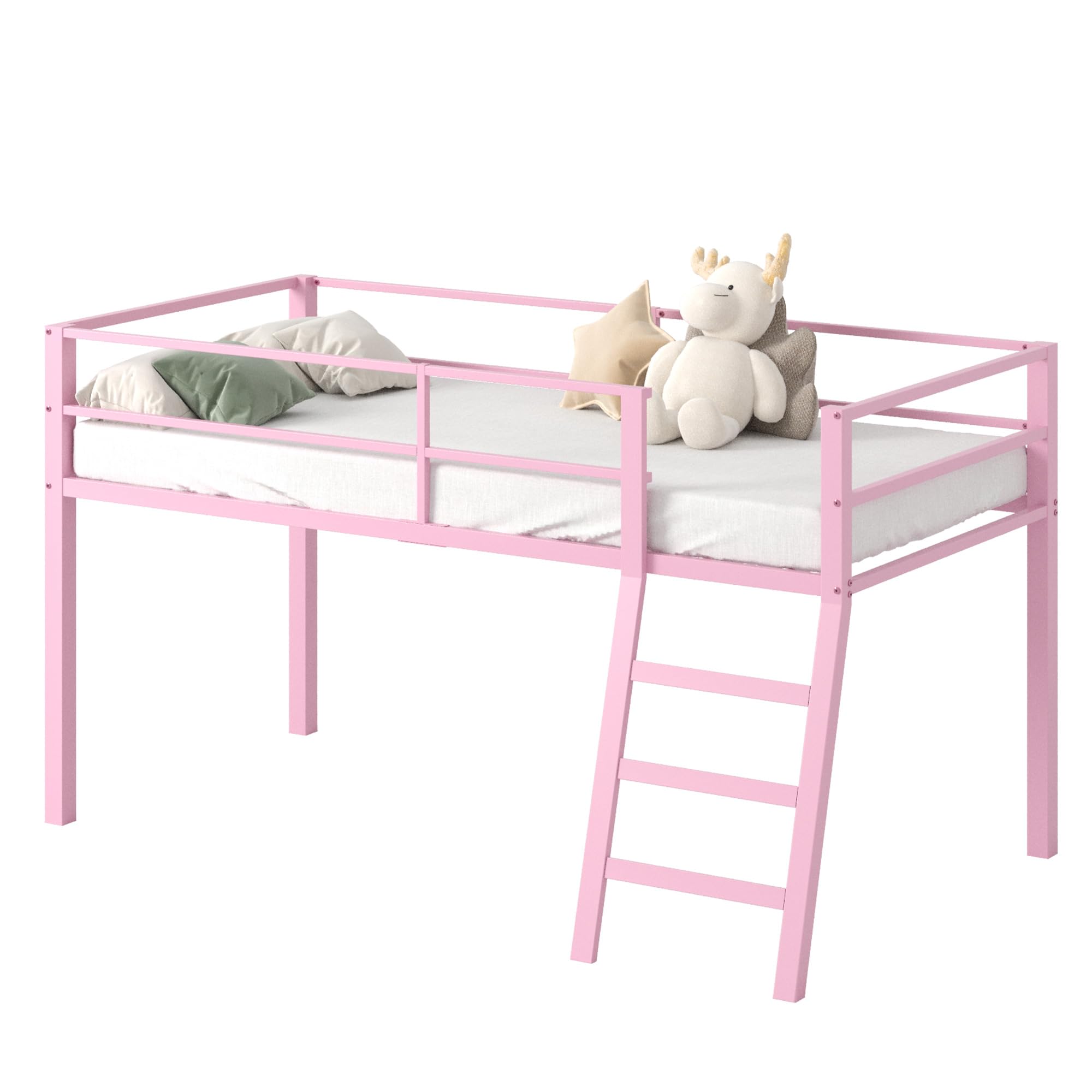 Metal Loft Bed with Stairs and Guardrail for Juniors