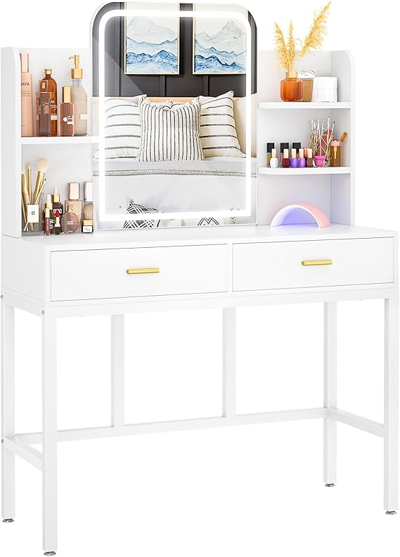 Vanity Desk with Mirror and Lights, Makeup Vanity with 2 Storage Drawers