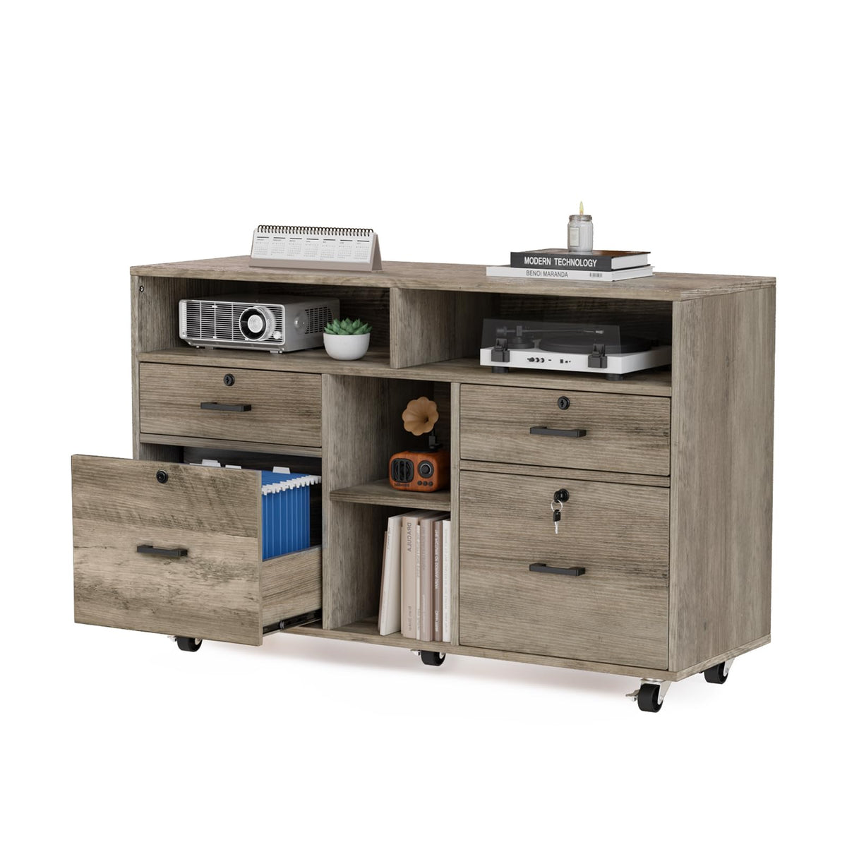 4-Drawer Rolling File Cabinet with Lock & Open Shelves