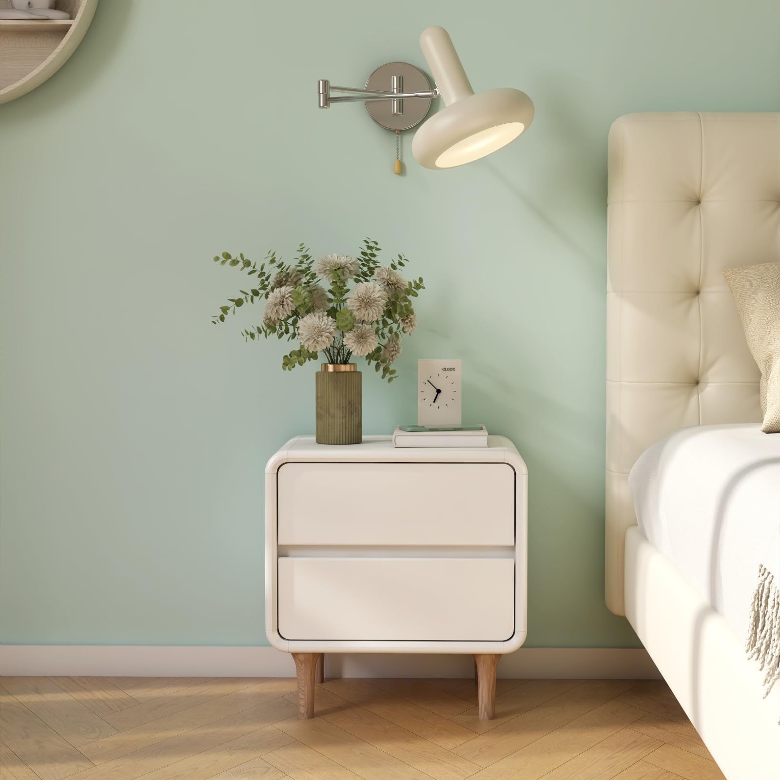 White Solid Wood Night Stand Set of 2, Mid Century Modern Nightstand