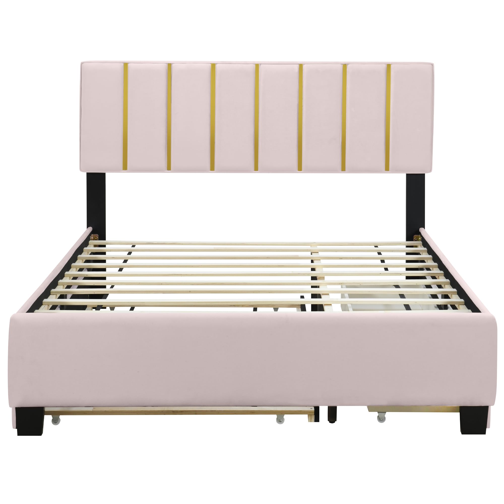 Queen Size Bed Frame with Twin Trundle & Storage Drawers, Upholstered Platform Bed