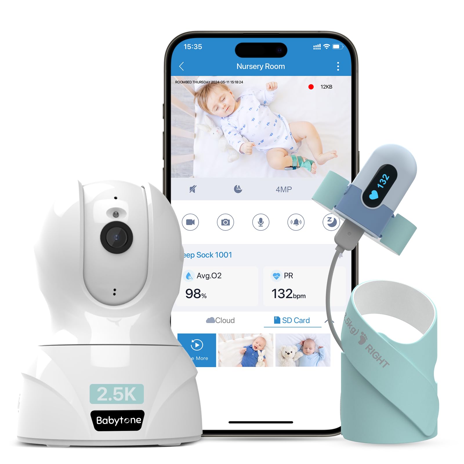 Baby Monitor - Smart Sleep Sock & 2.5K HD Camera, Track Heart Rate & Average Oxygen Level