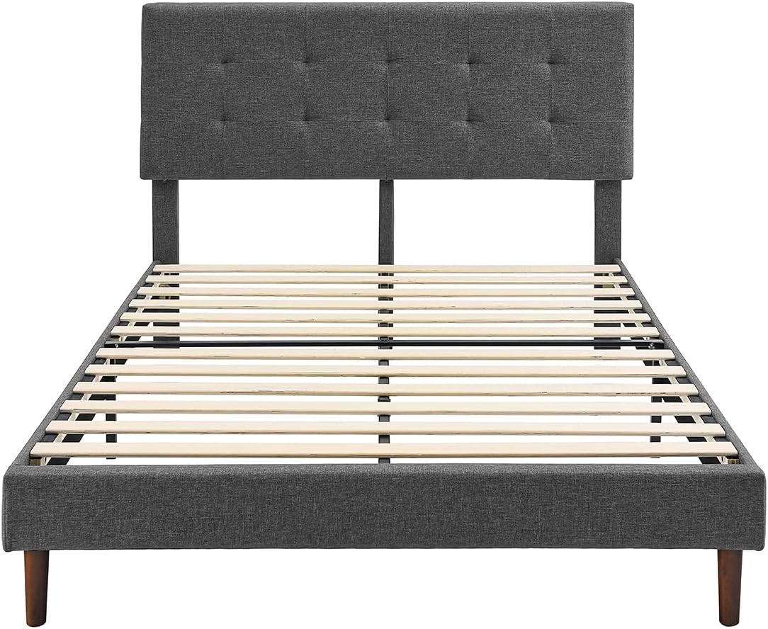 King Bed Frame with Adjustable Height Headboard,Tufted Upholstered Platform Bed