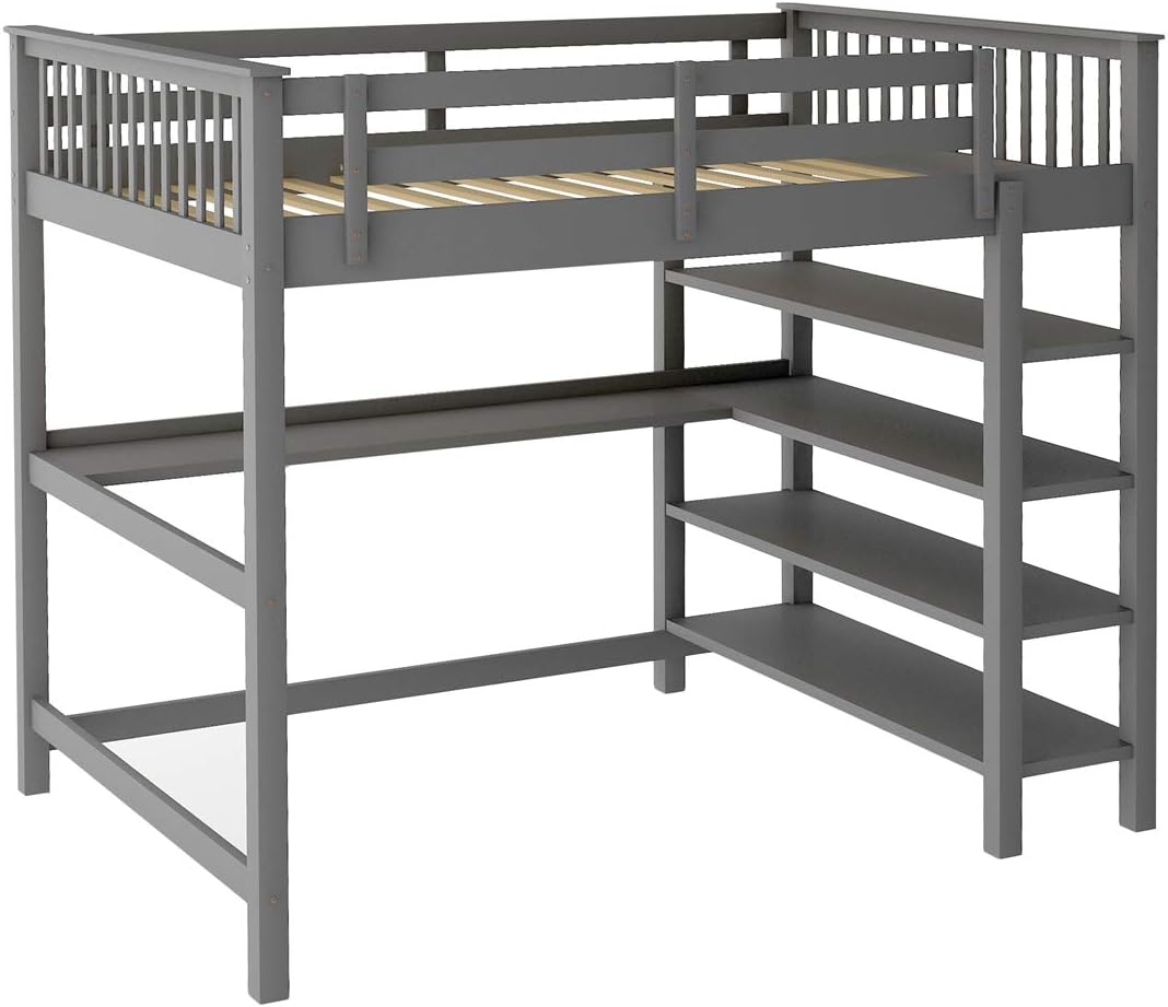 Wood Loft Bed with Desk and Storage, Loft Bed Full-Length Guardrail