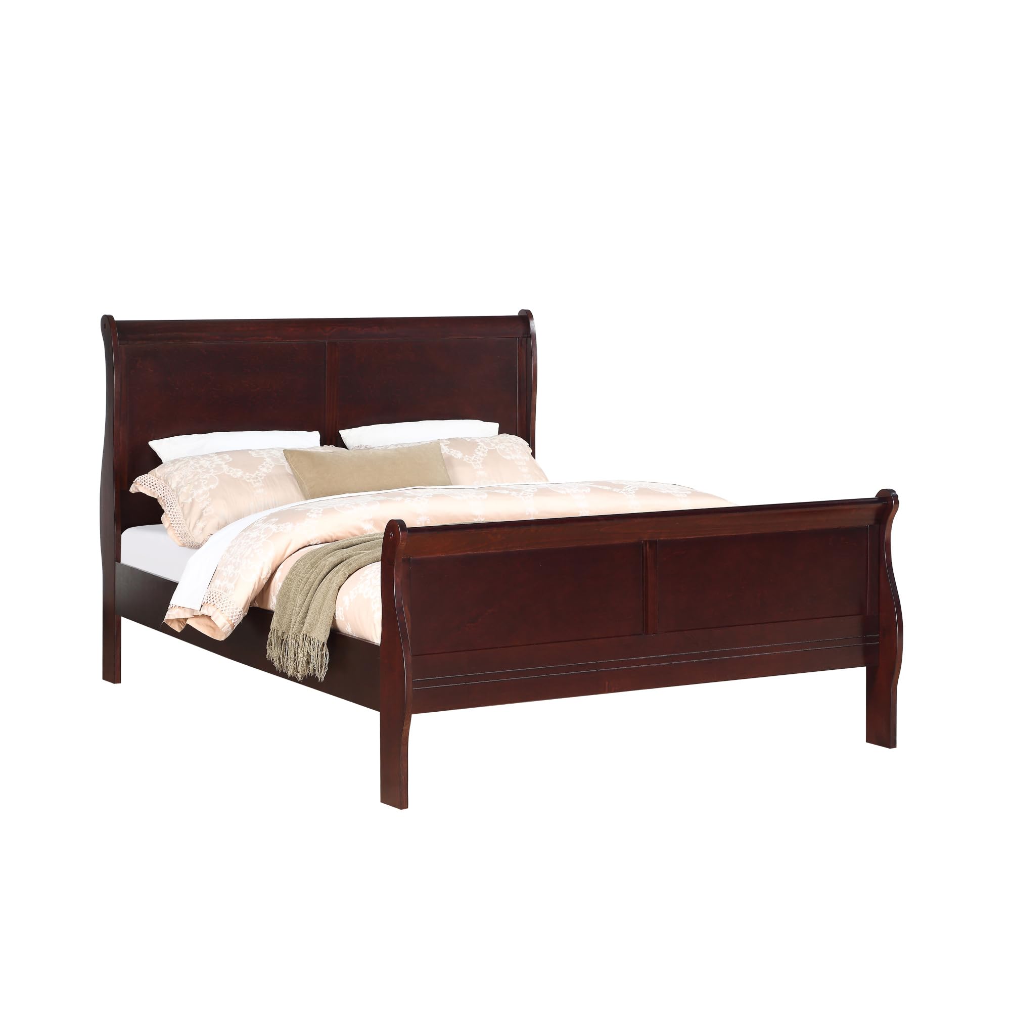 YuanDesign Brown Cherry Finish Queen Size Panel Sleigh Bed Solid Wood